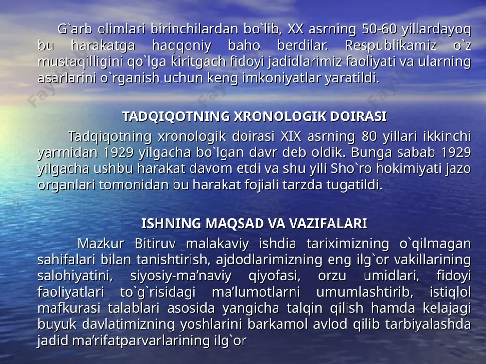 oro amiri muzaffarxon amir muzaffarxonning o’g’li said nasrixon jizzaxni bosib olishda qatnashgan bir guruh zobit va askarlar. amir muzaffarni zirabuloqda yengilgandan keyin fon kaufmanning huzuriga tashrif buyurushi (1868 yil iyun) rus mustamlakachilarining xo’jand qal’asiga yorib kirgan joyi turkistonning chor rossiyasi tomonidan bosib olingandan keyingi hududiy ko’rinishi ii bob. xix asrning oxiri – xx asr boshlarida turkistonda milliy davlatchilikni tiklash va ozodlik uchun olib borilgan jadidchilik harakati. buxoro amiri said olimxon ismoil g`aspirali bey (1851-1914) o`rta osiyoda jadidlar harakatini rivojlantirishda katta hissa qo`shgan istambulda ta’lim olgan siyosat va jamoat arbobi (qirimlik). u tarjimon gazetasi (1883-1914) rossiya musulmonligi (1881), ovropa madaniyatiga bir nazar muvozini (1885) asarlari va bir nechta darsliklari turkistonga yetib keldi. 1906-yil 27-iyunda chiqa boshlagan. bu gazeta tez fursatda shunday shuhrat qozondiki deb yozadi, - abdulla avloniy, - xatto gazeta muharriri bo`lgan ismoil obidiyga “taraqqiy” ismi berildi. shu kun hozir o`zbekistonda matbuot va ommaviy axborot vositalari xodimlari kuni sifatida nishonlamadi. …