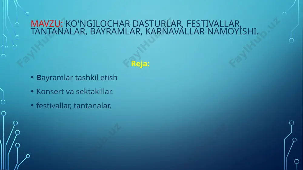 alq bayramlari hisoblanib, yurtimiz aholisi tomonidan keng nishonlamb kelmoqda. bular: 1-yanvar (yangi-yil), 8-mart (xotin-qizlar kuni), 21-mart (navro‘z bayrami), 9-may (xotira va qadrlash kuni), 1-sentabr (mustaqillik kuni), 1 oktabr ( 0 ‘qituvchi va murabbiylar kuni), 8- dekabr (konstitutsiya kuni) hamda ro'za va qurbon hayitining birinchi kunlaridir. undan tashqari kasb, tabiat, oilaviy bayramlar, turli yubiley tantanalari va boshqa bayramlarimiz borki, unda madaniyat va san’at sohasida xizmat qiladigan har qanday xodimga muhtojlik seziladi, ya'ni bu soha bilan shug‘ullanuvchilarga yil davomida masng‘ul bo‘ladilar, desak mubolag‘a bo‘lmaydi. bayramlarni tashkil etish uchun rejissyor va uning atrofidagi sahnalashtiruvchi, ishchi guruhlarning hamfikrligi, ularning dunyoqarashlarining bir-biriga mos kelishi va bir-birlarim to‘ldirib borishlari va eng asosiysi bayramning mohiyatini keng xalq ommasiga yetkazib berish masalasidagi ularning hamjihatligi avniqsa muhimdir. yuqorida ta'kidlab o'tganimizdek, har qanday bayramni to‘g‘ri tashkil etish rejissyorning nuqtayi nazari, dunyoqarashi, uning saviyasi va tashkilotchilik qobiliyatining darajasiga bog'iiq. bayramlar to'g'risidagi fan «eortologiya» - (yunoncha «eorto» bayram va «logos» o‘rganish) deb …