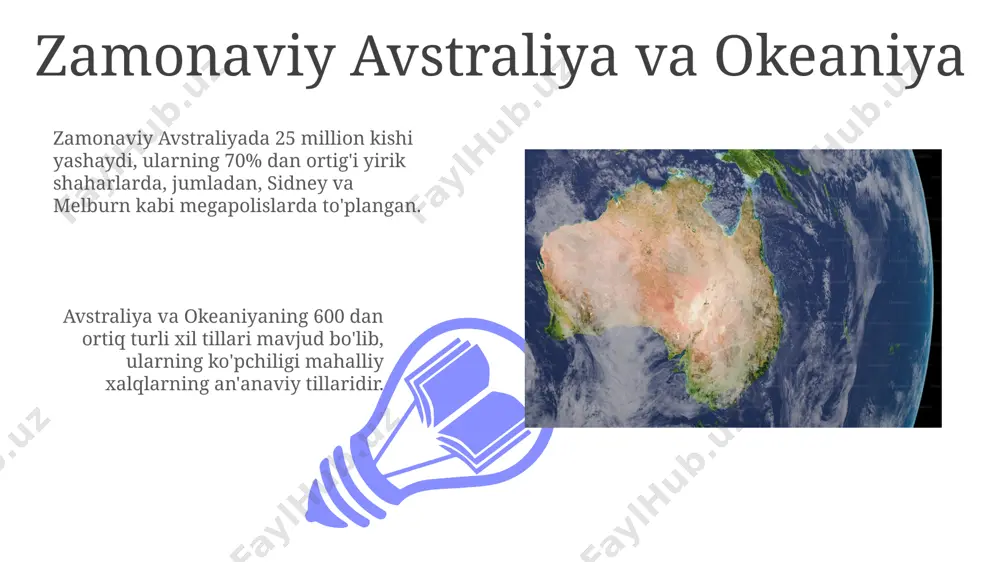 uyuk britaniya bilan imzolangan vaytangi shartnomasi ta'sirida yerlari va resurslari tortib olindi, bu esa ularning madaniy va ijtimoiy tuzilmalariga jiddiy zarar yetkazdi. ekologik muammolar va tabiat muhofazasi katta toʻsiq rifi, dunyodagi eng yirik marjon rifi, 344 400 kv.km maydonni egallaydi va oqlanish va ifloslanish tufayli 50% ga yaqinini yoʻqotgan. okeaniyadagi 500 dan ortiq orol davlati suv resurslari tanqisligi va dengiz sathining koʻtarilishi bilan kurashmoqda, bu yerda 1 million dan ortiq kishi koʻchish xavfi ostida. avstraliya va okeaniyaning tillari 01 02 polineziya tillari, gavayi, samoa va yangi zelandiya kabi orollarda keng tarqalgan bo'lib, ularning leksikasi va grammatikasi o'xshashliklarga ega. sales 1st qtr 2nd qtr 100 0 sales 1st qtr 2nd qtr 100 0 e'tiboringiz uchun rahmat @taqdimot_robot image4.jpg image5.jpg image6.jpg image7.jpg image8.jpg image9.jpg image10.jpg image11.jpg image12.jpg image13.jpg image14.jpg image15.jpg image1.jpeg image2.jpeg image3.jpeg