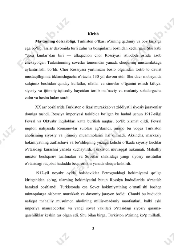 qat siyosiy jarayon, balki keskin qarama-qarshilik va qonli to‘qnashuvlar bilan kechgan tarixiy davr sifatida tarixga kirdi. mazkur mavzuning dolzarbligi shundaki, turkistonda sovet hokimiyatining o‘rnatilishi va tassrning tashkil topishi jarayonlari nafaqat o‘lkada, balki butun markaziy osiyo tarixida muhim burilish davrini tashkil etadi. bu jarayonlar nafaqat siyosiy tuzum almashinuvi, balki milliy o‘zlik, madaniy meros va ijtimoiy tuzumda tub o‘zgarishlarni yuzaga keltirdi. shu sababli, ushbu tadqiqotda sovet hokimiyatining turkistonda o‘rnatilishi va tassrning tashkil topish jarayonining siyosiy, iqtisodiy va ijtimoiy asoslari, ularning oqibatlari va tarixiy ahamiyati ilmiy tahlil qilinadi. chunki o‘z tarixini bilgan va undan ma’naviy kuch olgan xalqni yеngish mumkin emas. shu bois, haqqoniy tarixni tiklash, xalqimizni va millatimizni ana shu tarix bilan qurollantirish muhim vazifadir. tarix bilan qurollanish — millat ma’naviyatining asosi bo‘lib qoladi va qolmog‘i lozim. ishning maqsadi. chor rossiyasi mustamlakachiligi davrida 1917-yilgi inqilobiy voqealar va siyosiy o‘zgarishlar turkiston tarixida tub burilish yasadi. bu jarayonlar natijasida turkiston assr tashkil topdi va …