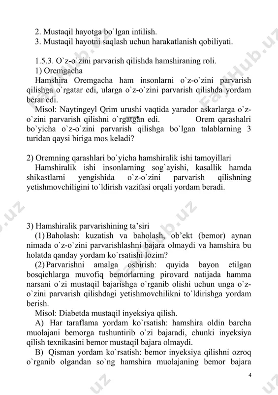 ab-quvvatlash va o`rgatish: bemor mustaqil tarzda deyarli butun muolajani o`zi bajara olganda, hamshira uning mustaqilligini olqishlab, kuzatib turadi hamda inyeksiyani mustaqil qilishni davom ettirishda rag`batlantirib, uni qo`llab-quvvatlaydi va faqat bemor bajara olmagan xolatlarda unga yo`rdam beradi. (3) o`z-o`zini parvarish qilishdagi yetishmovchilikni to`ldirish hamshiraning vazifasi: quyidagi bosqichlar bo`yicha harakatlanib, mustaqillikka erishish uchun bemorga yordam berish bemor hamshira 1. umuman bajara olmaydi har taraflama yordam ko`rsatadi 2. qisman mustaqil bajara olishi mumkin qisman yordam ko`rsatadi 3. muayan harakatlarni musta-qil, to`liq bajara oladi qo`llab-quvvatlaydi, yo`riq ko`rsatadi 4) kasallik yoki shikastlar kuzatiluvchi insonga nisbatan (1) orem nazariyasi dastavval kasallik yoki shikastlar kuzatiluvchi insonlarga yo`naltirilgan edi. (2) kasallik yoki shikastlar mavjudligida inson o`zi mustaqil ovqat yeya olmasa, hojatxonaga bora olmasa va boshqa holatlarda turli muammolar yuzaga keladi. (3) hamshira insonga nimada mustaqillikka erisha olmayotganligini kuzatadi va baholaydi, yordam ko`rsatishning tegishli uslublarini ishlab chiqadi. orem hamshiralik ishining vazifalari mana shundan iborat deb aytgan edi. 5) sog`lom …