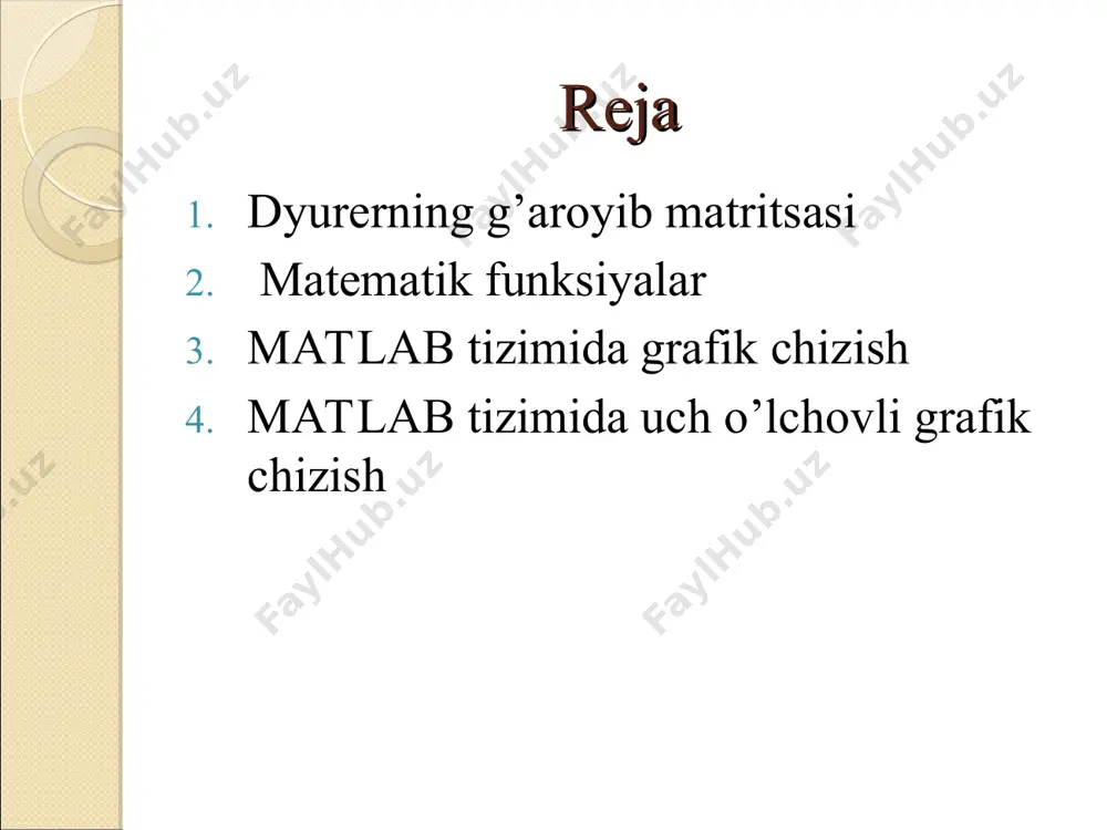 itsalar ustida amallar bajarishga muljallangan. shuning uchun matlab da matematik funksiyalar tuplami (nabori) mavjud va bu funksiyalar foydalanuvchi o’ziga zarur bulgan barcha ishlarni bajarishi mumkin. matlab dasturidagi standart funksiyalar matlab tizimida grafik chizish matlab tizimida funksiyani grafigini qurish ancha qulay. buning uchun matlab ning dasturlash tili sintaksisidan foydalanib yechimi aniqlanayotgan funksiyaning dasturi tuziladi va matlab ning plot funksiyasidan foydalanib funksiyaning grafigi qurilai. funksiyaning grafigini o‘zgarish jarayonini kuzatish xam mumkin. buning uchun plot funksiyasining o‘rniga comet funksiyasidan foydalaniladi. grafikni trayektoriyasini o‘zgarish tezligini kamaytirish uchun argument qiymatini o‘zgarish qadamini jua kichik olish kerak. matlab ning plot funksiyasi kirish parametrlariga bog‘liq xola xar xil formalara bo‘lishi mumkin. masalan plot(y) funksiya y ning elementiga nisbatan grafik xosil qilsa, plot(x,y) funksiya y ning x ga bog‘liqlik grafigini xosil qilai. masalan, y(x)=sin(x) funksiyaning x=[0,2p] oraliqdagi grafigini qurish uchun tenglama matlab ning dasturlash tilida yozib olinadi va dastur matlab dasturi ekranining command window qismiga kiritiladi. bu quyidagi …