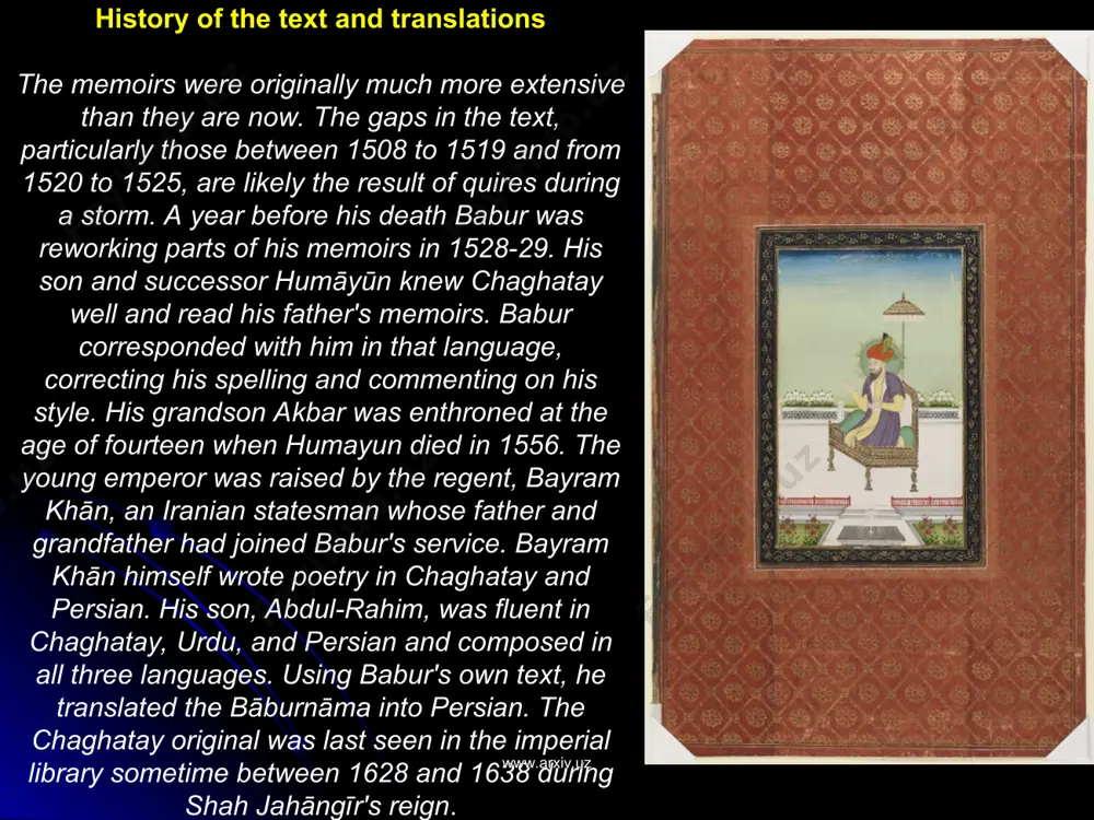 o be the basis of future mughal-ottoman relations www.arxiv.uz www.arxiv.uz military career in 1495, at only twelve years of age, babur obtained his first power position, succeeding his father as ruler of farghana, in present-day uzbekistan.[27] his uncles were relentless in their attempts to dislodge him from this position as well as many of his other territorial possessions to come.[28] thus, babur spent a large portion of his life shelterless and in exile, aided only by friends and peasants. in 1497, babur attacked the uzbek city of samarkand and after seven months succeeded in capturing the city.[29] meanwhile, a rebellion amongst nobles back home approximately 350 kilometers (220 mi) away robbed him of farghana.[29] as he was marching to recover it, babur's troops deserted in samarkand, leaving him with neither samarkand nor fergana. by 1501, he was ready again to regain control of samarkand, but was shortly thereafter defeated by …