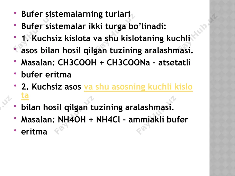 uchun traga ham bogʻlikdir. bufer sistemalar kimyo sanoatida analitik ishlarda keng qoʻllaniladi. odam va hayvonlar organizmidagi bufer sistemalar quyidagilardan iborat: karbon kislota va uning tuzlari, fosfat kislota va uning tuzlari hamda oqsillar. kishi qonidagi rn 7,35—7,47 ga teng boʻlib, oziq-ovqat hamda boshqa sharoit oʻzgarganda ham deyarli doimiy qoladi. tuproqdagi tabiiy bufer sistemalar dalalar hosildorligini saqlashda muhim rol oʻynaydi. qishloq xo’jaligida kimyoning ahamiyati oʻgʻitlardan foydalanish qishloq xoʻjaligik.ning asosiy yoʻnalishidir. oʻgʻit hosildorlikni oshiradi. mineral oʻgʻitlar ishlatilganda hosilning qay darajada ortishi koʻpgina omillar (tuproq, iqlim, tashkiliy-iqtisodiy sharoit, ekin navlari, ekish texnologiyasi, oʻgʻitning sifati va boshqalar)ga hamda birinchi navbatda, dehqonchilik madaniyatiga bogʻliq. oʻgʻitlarni ilmiy asosda qoʻllash nafaqat hosildorlikning oshishi, balki qishloq xoʻjaligi mahsulotlari, mas, donda oqsil miqdorining hamda uning aminokislota tarkibini yaxshilanishini taʼminlaydi. qishloq xoʻjaligi ekinlarini ekishda intensiv texnologiyalarning oʻzlashtirilayotganligi, hosildorlikni programmalashtirish natijasida oʻgʻitlar roli keskin oʻsmoqsa. pestitsidlar qishloq xoʻjaligi ekinlarini begona oʻtlardan, zararkunanda va kasalliklardan himoyalovchi kuchli vosita. ularning qoʻllanishida oʻsimliklarni himoya qilishning …