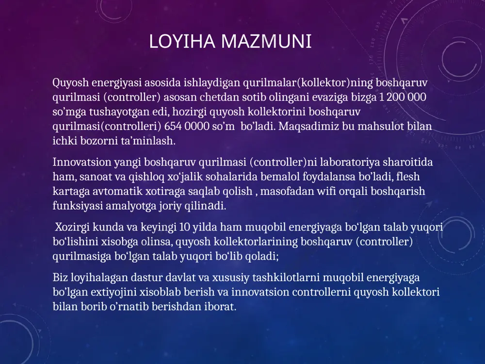 va muqobil energiya asosida issiqlik bilan ta’minlash loyihaning ilmiy va innovatsion yangiligi 1.innovatsion kontrollerni avtomatik masofadan turib nazorat qilish mumkinligi; 2.ishlash dasturi va boshqaruv panelining foydalanishga qulayligi; 3.qo’shimcha loyihalarni(aqlli uylar,issiqxonalar va h.z) kiritish mumkinligi; 4.qo’shimcha dasturlar kiritish mumkinligi; 5.kompyuter tizimiga yoki telefonga oson va qulay bog’lanish mumkinligi; 6.malumotlarni flesh kartaga saxranit qilib borishi, ishlash samarasini grafik shaklida chiqarib olish mumkinligi; 7.til menyusi o’zbekcha ekanligi hamda ishdan chiqsa qayta sozlash mumkinligi; 8.loyihadagi mikrokontrollerni boshqa maqsadlarda foydalanish mumkinligi. loyihaning aniq bir muommoning yechimiga yo’naltirilganligi quyosh kollektorini boshqaruv qurilmasi(controller) jahon bozoridagi narxi 1 200 000 so’m atrofida bo’lsa, biz loyihalagan yangi boshqaruv qurilmasi (controller) 654 000 so’mga tushadi. bu esa o’z navbatida tan narxini arzonlashtrishga va ichki bozorni biz loyihalagan maxsulot bilan ta’minlashga imkon beradi. qolaversa chet davlatlariga qaram bo’lib qolmaymiz. davlat va xususiy tashkilotlarga quyosh kollektorlari otopleniya sifatida o’rnatilsa elektr energiyasiga bo’lgan talabni kamayishiga olib keladi va bu o’z navbatida elektr liniyalariga …