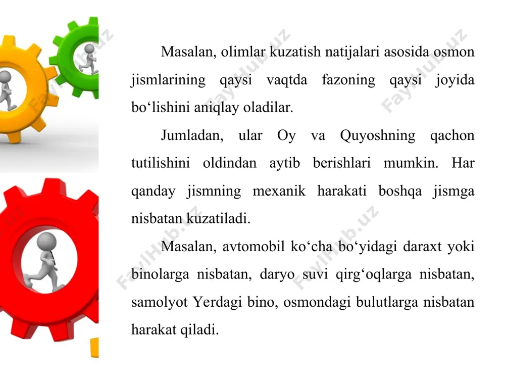 rni ham ko‘rsatishimiz kerak bo‘ladi. buning uchun tekislikdagi koordinatalar sistemasida yuqoriga yo‘nalgan va koordinata boshidan o‘tuvchi perpendikulyar o‘q o‘tkazamiz. natijada uch o‘lchamli koordinatalar sistemasi hosil bo‘ladi. raketaning harakatini to‘liq ifodalash uchun uchta parametr ko‘rsatiladi: 1) sanoq jism (bu misolda yer shari olinadi); 2) koordinatalar sistemasi (koordinata markazi yer sharida raketa uchgan joydagi nuqtaga joylashtiriladi); 3) vaqt sanog‘i (raketa uchish trayektoriyasining ma’lum bir nuqtasida qaysi vaqtda bo‘lgani). sanoq jism, unga bog‘liq koordinatalar sistemasi va shu harakatning vaqt sanog‘i birgalikda sanoq sistemasini tashkil etadi. masalan, «lasetti» avtomobili uydan chiqib, 10 minutda shimol yo‘nalishida 8 km masofani bosib o‘tgan bo‘lsin. bunda «lasetti»ning uyda bo‘lgan tinch holati ham, yo‘ldagi harakati ham yerga nisbatan qaraladi. «lasetti» uchun yer qo‘zg‘almas bo‘lib, sanoq jism hisoblanadi. haydovchi soati va avtomobilning spidometri yordamida 10 minut davomida avtomobil qancha masofani bosib o‘tganini aniqlashi mumkin. bunda uy – koordinata boshi, undan 8 km uzoqlashish masofasi esa koordinata boshiga nisbatan bosib o‘tilgan …