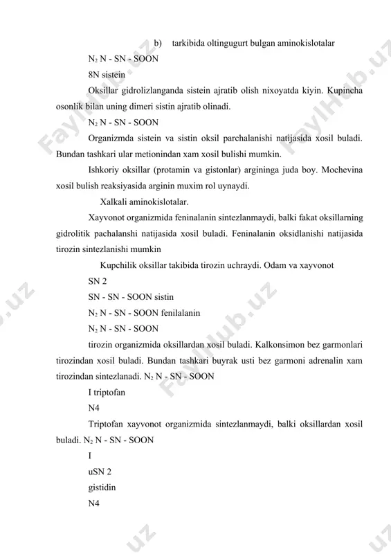 olib keladi. oksil molekulasining birlamchi strukturasi vodorod bog‘lari tufayli chiziksimon polipeptid zanjiri spiralsimonga ayllannib, ma'lum bir fazoviy tuzilishga ega buladi. oksil molekulasining kupchilik xossalari uning polipeptid kofiguratsiyasi va ichki stukturasiga bog‘lik. oksil molekulasining ikkilamchi strukturasi. polipeptid zanjirining spiralsimon strukturasi ma'lum joylarda buziladi va amorf xossalarga ega bulgan kismlarga aylanadi. bu xodisa kator sabablarga bog‘lik, lekin asosiylari kuyidagilardan iborat: oksil molekulasida disulfid bog‘larining xosil bulishi, xamda aminokislotalar prolin va oksiprolin bulishi. spiral va amorf kismlarning bir-biriga nisbatan joylanishi natijasida oksil molekulasining uchlamchi strukturasi xosil buladi. bu stukturaning xosil bulishida aminnokislotalarning yon radikallari orasidagi uzaro ta'sir xam muxim rol uynaydi. oksil molekulasining uchlamli strukturasi ba'zi bir oksillar ikki va undan kup polipeptid zanjirlaridan tashkil topgan. bu polipeptid zanjirlariniing uzaro joylashuvi ma'lum bir kompleks xosil kilishi oksil molekulasininng turtlamchi strukturasiga olib keladi. bunday oksil komplekslari (aktomiozin, gemoglabin) muxim biologik xossalarga ega buladi. polipeptid zajiri birligi oksil molekulasi turtlamchi 4. oksillarning tasnifi. oksil molekulasi …