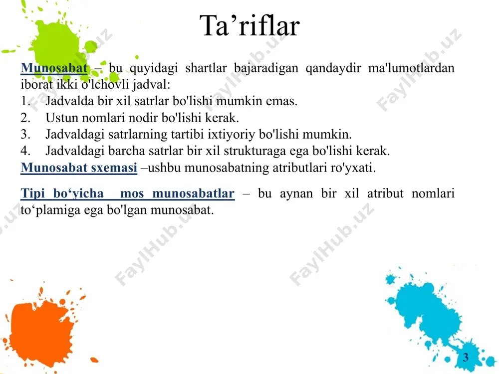 abatining b qismiy to'plamining qiymatlar to'plami. № tovar n1 olmalar n3 armut n4 olxo‘ri magazin kopeyka monetka № tovar magazin n1 olmalar kopeyka n1 olmalar monetka n3 armut kopeyka n3 armut monetka n4 olxo‘ri kopeyka n4 olxo‘ri monetka bo'lish amalni tushunish va foydalanish juda murakkab, shuning uchun amaliyotda u boshqa amallar kombinatsiyasi bilan almashtiriladi tutashtirish 12 ikki munosabatni qandaydir shartga ko'ra tutashtirish deb, ushbu munosabatlarning dekart ko‘paytmasi natijasiga shart bo'yicha tanlash amali qo'llanilishi yo‘li bilan olingan munosabatga aytiladi. kt tovar magazin n1 olmalar kopeyka n3 armut monetka n4 olxo‘ri kopeyka kp magazin shahar p1 kopeyka namangan p3 монетка qarshi p4 monetka samarqand kt tovar magazin kp magazin shahar n1 olmalar kopeyka p1 kopeyka namangan n3 armut monetka p3 monetka qarshi n3 armut monetka p4 monetka samarqand n4 olxo‘ri kopeyka p1 kopeyka namangan join – tabiiy tutashtirish misollar 13 4 guruhlarini ko'rsatgan holda talabalarning fish ro‘yxatini hosil qiling. 1. 1996-yil 1-sentyabrgacha …