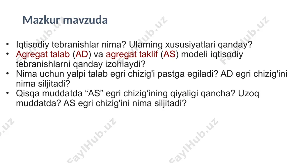 terly value is a simple average of the three monthly values. bu tebranishlarni tushuntirish qiyin va tebranishlar iqtisodiy nazariyasi munozarali. ko‘pchilik iqtisodchilar tebranishlarni agregat talab va agregat taklif modelidan foydalanib o’rganadilar. bu model klassik iqtisodchilarning uzoq muddatni tushuntirish uchun foydalanadigan iqtisodiy nazariyalaridan farq qiladi. qisqa muddatli tebranishlarni tushunish 8 this is a slide you can probably cut if you wish to shorten your presentation of this chapter. it would be fine to just state this information verbally. oldingi boblar klassik iqtisod g'oyalariga asoslanadi, xususan: klassik dixotomiya – o'zgaruvchilarni ikki guruhga bo'lish: real - miqdorlar, nisbiy narxlar nominal - pul bilan o'lchanadi pul [massasi ta’siri]ning neytralligi: pul taklifidagi o'zgarishlar real emas, balki nominal o'zgaruvchilarga ta'sir qiladi deb qaraladi. klassik iqtisodiyot 9 if you have covered the long-run chapters before this one (as they are presented in the book), then your students have seen these terms already. it may be worth reminding …
