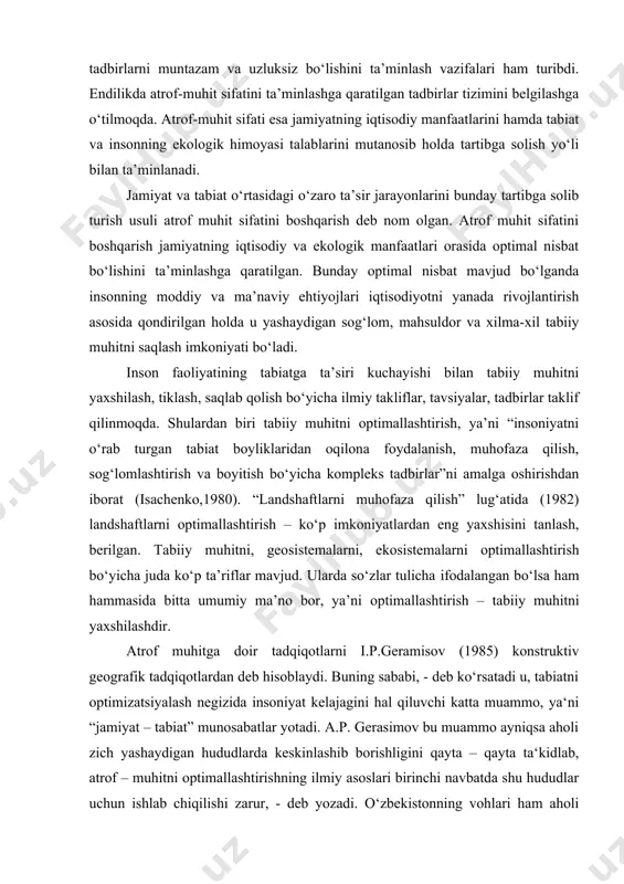 tabiatdan oqilona foydalanish jarayonida muvofiqlashtirilgan bo‘lishi lozim. fan-texnika taraqqiyoti sharoitlarida insonning tabiiy muhitga ta’siri tobora kuchayib borayotganligi tufayli uning hayotiy va ishlab chiqarish faoliyati uchun xavfli ekologik vaziyatlar vujudga kelmoqda. shu sababali jamiyat oldida nafaqat tabiiy resurlardan katta miqdorda foydalanish, balki fan va texnika yutuqlaridan foydalangan holda atrof tabiiy muhitni himoya qilish bo‘yicha ilmiy asoslangan tadbirlarni muntazam va uzluksiz bo‘lishini ta’minlash vazifalari ham turibdi. endilikda atrof-muhit sifatini ta’minlashga qaratilgan tadbirlar tizimini belgilashga o‘tilmoqda. atrof-muhit sifati esa jamiyatning iqtisodiy manfaatlarini hamda tabiat va insonning ekologik himoyasi talablarini mutanosib holda tartibga solish yo‘li bilan ta’minlanadi. jamiyat va tabiat o‘rtasidagi o‘zaro ta’sir jarayonlarini bunday tartibga solib turish usuli atrof muhit sifatini boshqarish deb nom olgan. atrof muhit sifatini boshqarish jamiyatning iqtisodiy va ekologik manfaatlari orasida optimal nisbat bo‘lishini ta’minlashga qaratilgan. bunday optimal nisbat mavjud bo‘lganda insonning moddiy va ma’naviy ehtiyojlari iqtisodiyotni yanada rivojlantirish asosida qondirilgan holda u yashaydigan sog‘lom, mahsuldor va xilma-xil tabiiy …