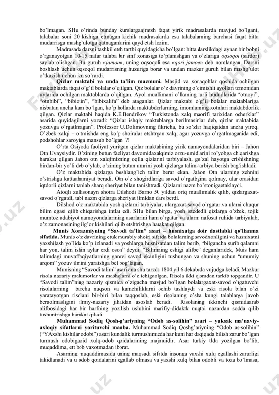 ilgan bo’lib, uning birinchi qismida diniy marosimlar (tahorat olish, namoz o’qish, ro’za tutsh va h.q.) sheriy usulda bayon etlgan, ikkinchi qismida yuqoridagi masalalar katexizis (izoh) shaklda ancha keng yoritlgan parchalar o’rin olgan. “chor-kitob”ning “musulmonlikning muhim masalalari” deb nomlangan uchinchi qismi o’quvchilarni shariatning asosiy ustuni -musulmon diniy huquqlari bilan tanishtirgan. kitobning “pandnoma” (nasihat kitobi) deb nomlangan va xiii asrda yozilgan to’rtnchi qismida quroni karimdan olingan odob-axloq masalalariga oid qoidalar sheriy shaklda bayon etlgan. shundan so’ng o’quvchilar mutlaq din masalalariga bag’ishlangan “sabotul ojizin” kitobini o’qishni boshlaganlar. ushbu asar ko’pincha uning muallifining nomi bilan, yani – “so’fi olloyor” deb yuritladi. bu sof diniy asar bo’lib, unda diniy masalalar sheriy usulda bayon qilingan. maktabni tamomlagan o’quvchilar talimni davom ettrish uchun madrasalarga kirganlar. madrasa odatda ikki bo’limdan, yani: quyi (ibādat al-’islām) va yuqori (masola) bo’limlardan iborat bo’lgan. lekin barcha madrasalarda ham bo’limlar shunday nomlanmaganini qayd etsh lozim. masalan, buxoro madrasalarida quyi bo’lim «mushkulāt» deb yuritlgan. …