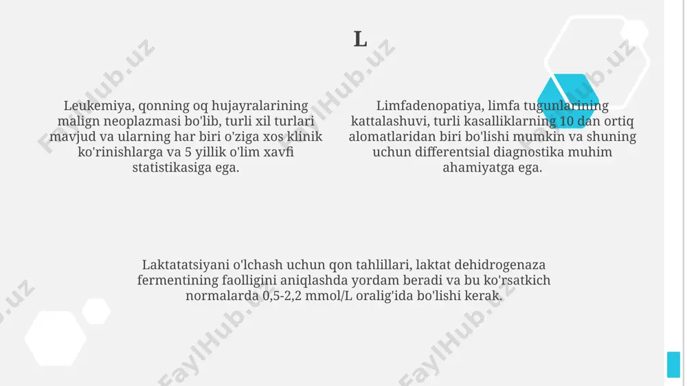 n biri “cardiac arrest” bo'lib, yurakning to'satdan to'xtab qolishi degan ma'noni anglatadi va 4-5 daqiqadan so'ng miya hujayralariga qaytarilmas zarar yetkazishi mumkin. n nevrologiya – miya, orqa miya va nervlarning tuzilishi va funksiyalarini o'rganuvchi tibbiyotning bir sohasi bo'lib, 100 dan ortiq kasallik va buzilishlarni o'rganadi, shu jumladan epilepsiya va multipl sklerozni ham o'z ichiga oladi. nafas olish yo'llari kasalliklari, masalan, pnevmoniya (1-3-darajali), surunkali obstruksiv o'pka kasalligi (sook) kabi 20 dan ortiq turini o'z ichiga oladi va ko'pincha nafas qisilishi bilan bog'liq. nevralgiya – 5 dan ortiq turi mavjud bo'lib, nervlarning yallig'lanishi yoki shikastlanishi tufayli kelib chiqadigan kuchli og'riqni ifodalaydi, trigeminal nevralgiya eng keng tarqalgan turi hisoblanadi. h hujayra (cell) ning 3 ta asosiy qismi: yadro (nucleus), sitoplazma (cytoplasm) va hujayra membranasi (cell membrane) bo'lib, ular inson organizmining 100 trillion hujayrasini tashkil qiladi. gemoglobin (hemoglobin) – qonda kislorod tashish uchun javobgar bo'lgan oqsil, uning miqdori odatda 12-16 g/dl oralig'ida bo'ladi. kamligi …