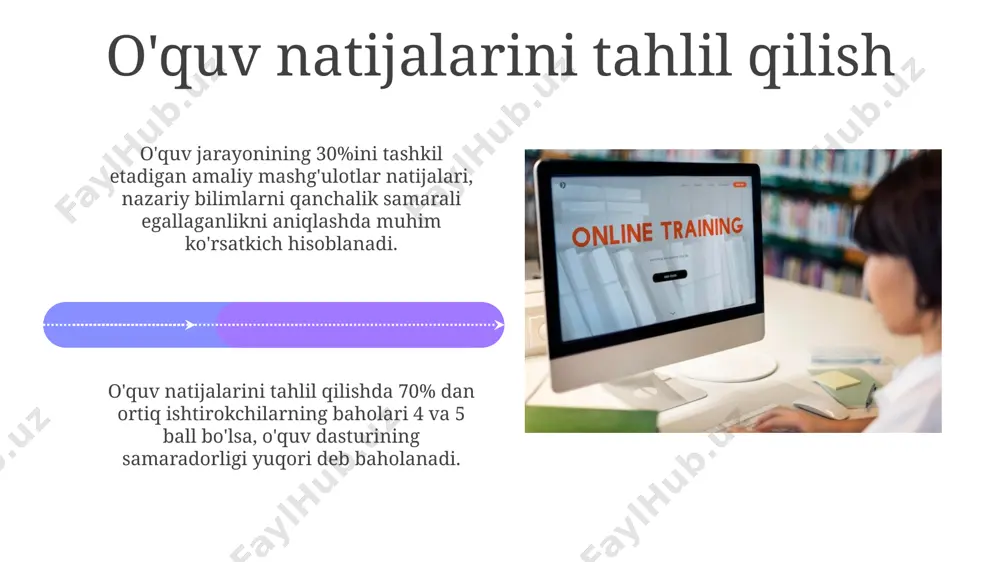 , ishtirokchilarning faolligi, bilimlarni o'zlashtirish darajasi, treningdan keyingi amaliy qo'llanilish darajasi) aniqlash va hujjatlashtirish lozim. o'quv jarayonida interaktiv usullardan foydalanish kichik guruhlarda (3-5 kishi) muhokama va loyihalar ustida ishlash, bir-birlariga fikr almashib, hamkorlik qilish ko'nikmalarini rivojlantirishda 30% ga samaradorlikni oshiradi. interaktiv taqdimotlar, masalan, power point'dagi animatsiyalar va testlar orqali 20% ga ko'proq ma'lumotni samarali o'zlashtirishga erishish mumkin. e'tiboringiz uchun rahmat @taqdimot_robot image4.jpg image5.jpg image6.jpg image7.jpg image8.jpg image9.jpg image10.jpg image11.jpg image12.jpg image13.jpg image14.jpg image15.jpg image16.jpg image17.jpg image18.jpg image19.jpg image20.jpg image1.jpeg image2.jpeg image3.jpeg