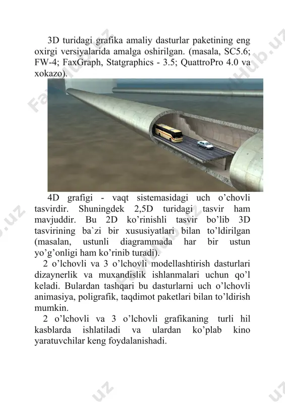 lan ishlash va maxsus effektlarni yaratishga mo’’ljallangan vositalar majmui kiritilgan. rastrli paketlardan tashqri poligrafiya ishlari uchun mo’ljallangan vektorli kompyuter grafikasi dasturlari ham mavjud. bulardan windows tizimi uchun mo’ljallangan adobe illustrator va corel draw dasturlari haqida aytib o’tish lozim. illstrator illyustrasiyalar yaratish, sahifalarning umumiy dizaynini ishlab chiqish hamda tayyor tasvirni yuqori sifatda chop etishga mo’ljallangan. paket ihtiyoriy shakldagi simvollar va figuralarni yaratib, so’ng ularni masshtablash, aylantirish(o’z uqi atrofida) va deformasiyalash imkoniyatlaridan tashqari matn va ko’p varaqli xujjatlarni qayta ishlash vositalariga ega. corel draw vektorli paketi rasm chizishdan tashqari turli grafiklarni tayyorlash va rastrli tasvirlarni taxrirlash ishlarini bajara oladi. bu dastur fayllarni boshqarish, kompyuter displeyida slayd-filmlar namoyish etish, «qo’lda» chizish va tasvir qatlamlari bilan ishlash, uch o’lchamli maxsus effektlarni qo’llash, matnni qayta ishlash vositalari bilan ta’minlangan. bulardan tashqari windows muxitida ishlovchi adobe photostyler, sgi va macintosh kompyuterlari uchun mo’ljallangan barco creator, live picture, scitex blaze, linotype da vinci, eclipse, pixelfx dasturlari ham …