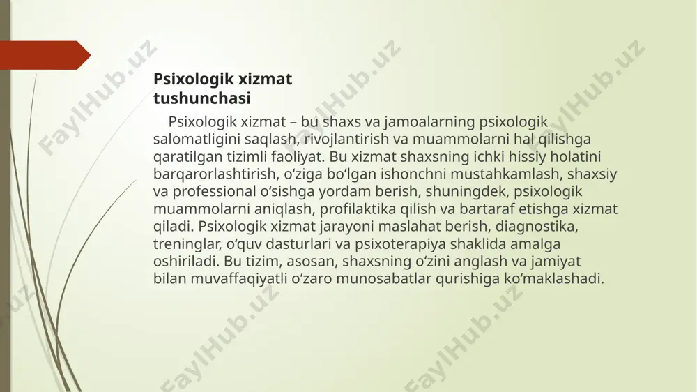 samaradorligini va mijozlar ehtiyojlarini qondirish sifatini ifodalaydi. muhim jihat: psixologik xizmat boshqaruv tizimining natijadorligi nafaqat xizmatlarning sifatini oshirishga, balki jamiyatda umumiy ruhiy salomatlik darajasini ko‘tarishga ham xizmat qiladi. bu ko‘rsatkichni muntazam monitoring va baholash tizimi orqali kuzatib borish zarur. psixologik xizmat boshqaruv tizimining natijadorligini oshiruvchi prinsiplar: maqsadga yo‘naltirilganlik. xizmatning aniq belgilangan maqsad va vazifalarga qaratilganligi, har bir faoliyat bu maqsadlarga xizmat qilishi lozim. moslashuvchanlik va innovatsion yondashuv. yangi usullar va texnologiyalarni joriy etish, o‘zgaruvchan sharoitlarga tez moslashish qobiliyati. shaxsiy yondashuv. har bir mijozning individual ehtiyojlarini inobatga olish, ularga mos psixologik yondashuvlarni qo‘llash. jamoaviy hamkorlik. mutaxassislar o‘rtasida samarali kommunikatsiya va birgalikda qaror qabul qilish tizimini yo‘lga qo‘yish. shaffoflik va hisobotlilik. xizmat jarayonlarini aniq rejalashtirish va natijalarni baholashda ochiq va shaffof bo‘lish. natijadorlikni oshiruvchi omillar: malakali mutaxassislar. psixologlarning yuqori malakaga ega bo‘lishi, muntazam ravishda bilim va ko‘nikmalarini yangilab borishi. texnologik vositalar. zamonaviy dasturiy ta'minot, diagnostika vositalari va trening texnologiyalaridan foydalanish. resurslarning yetarli …