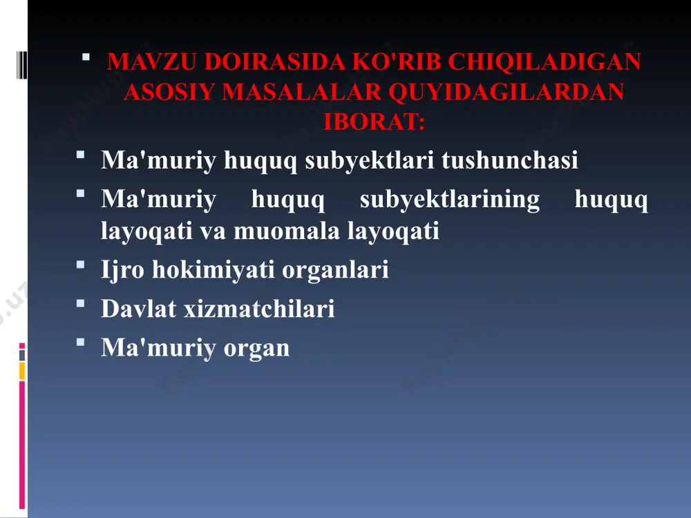 fa va funktsiya- larini amalga oshiradi. davlat muassasasi – xizmat ko'rsatadi. davlat korxonasi – ishlab chiqarish bilan shug'ullanadi. davlat organi davlat tomonidan tashkil etiladi; davlat mexanizmi (apparati)ning bir bo'lagi; davlat oldida turgan vazifa va funktsiyalarni amalga oshiradi; davlat-hokimiyat vakolatiga ega. davlat hokimiyat vakolati huquqiy akt chiqarish; huquqiy akt ijrosini ta'minlash; huquqiy akt ijrosini nazorat qilish; huquqiy aktni muhofaza qilish. davlat organining o'ziga xos xususiyatlari o'z faoliyatini qonun asosida hamda qonunni ijro etish maqsadida amalga oshirishi; bevosita yoki yuqori turuvchi organlari orqali davlat hokimiyati organlariga bo'ysinishi va nazorat qilinishi; o'z vakolati doirasida harakat qilishi hamda operativ mustaqillikka ega bo'lishi; quyi turuvchi davlat organining yuqori turuvchi davlat organiga bo'ysinishi hamda yuqori turuvchi davlat organi chiqargan huquqiy aktlarning quyi organlar uchun majburiyligi va boshqalar. davlat boshqaruv organlarining tasnifi 1) faoliyatining hududiy doirasiga ko'ra: oliy organ markaziy organ mahalliy organ 2) faoliyatining yo'nalishiga ko'ra qonun chiqaruvchi – konstitutsiya va qonunlarni qabul qilish va ularning …