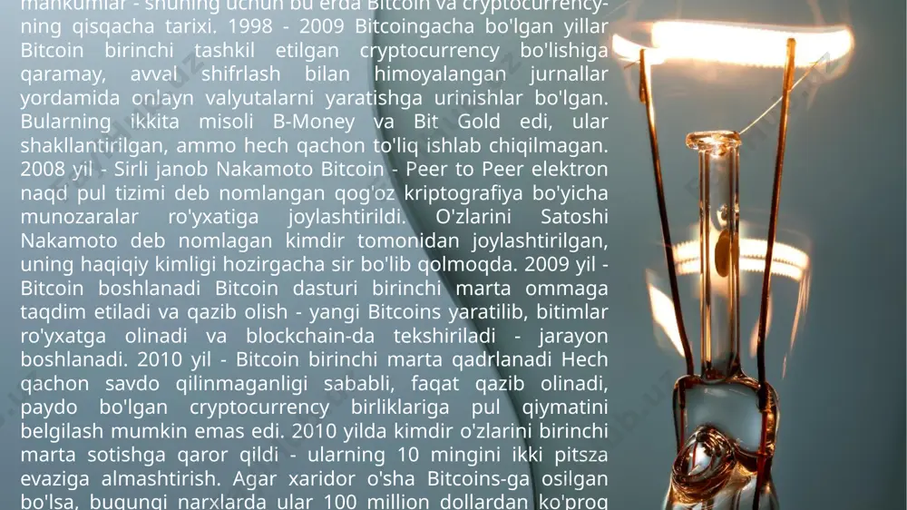 ayyorlashgan, lekin hali yo’lga qo’yilmagan. balki bitcoinlar hech qachon rasmiy ishlamasa ham kerak, chunki uni qonunlashtirishsa, bitkoin real valyutani o’rnini egallashi ham mumkin. uncha mashxur emas. hozircha ko’pgina moliyaviy muassassalar, internet-do’konlar va boshqa servislar bitcoinga ishonishmaydi va kriptovalyuta evaziga maxsulot sotmaydilar. mashxurlashishi chegaralangani boyis bitkoin to’liq ishlatilmayapti. bitcoin va bank fidor bank (germaniya) - rasmiy cryptocurrency almashinuvi banki kraken.com va bitcoin.de bilan ishlaydi. lhv bank (estoniya) rangli tanga texnologiyasi bilan tajriba o'tkazmoqda. jp morgan chase (aqsh) o'zlarining cryptocurrency yaratish istagini bildirdi. ubs bank (shveytsariya) va bank of new york mellon corp blockchain integratsiyasining istiqbollarini o'rganadilar sbt venture capital (sberbank venture fund) bitcoin va blockchain yangiliklariga qiziqish bildirgan. britaniya hukumati virtual valyutalarni o'rganish uchun 10 million funt sterling ajratdi. 11 12 2017 - bitcoin $ 10,000 ga yetdi va o'sishda davom etmoqda bitcoinni sarflash mumkin bo'lgan joylarning asta-sekin o'sishi uning mashhurligi o'sib borishiga yordam berdi, bu davrda uning qiymati avvalgi cho'qqilardan …