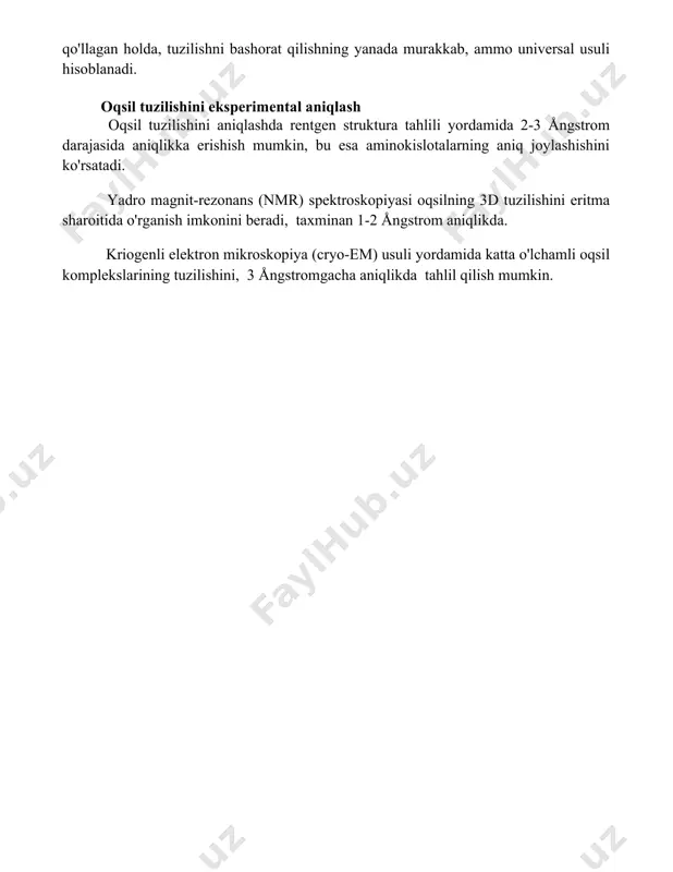holda, tuzilishni bashorat qilishning yanada murakkab, ammo universal usuli hisoblanadi. oqsil tuzilishini eksperimental aniqlash oqsil tuzilishini aniqlashda rentgen struktura tahlili yordamida 2-3 ångstrom darajasida aniqlikka erishish mumkin, bu esa aminokislotalarning aniq joylashishini ko'rsatadi. yadro magnit-rezonans (nmr) spektroskopiyasi oqsilning 3d tuzilishini eritma sharoitida o'rganish imkonini beradi, taxminan 1-2 ångstrom aniqlikda. kriogenli elektron mikroskopiya (cryo-em) usuli yordamida katta o'lchamli oqsil komplekslarining tuzilishini, 3 ångstromgacha aniqlikda tahlil qilish mumkin. 📌xulosa oqsil va gen tuzilishini bashorat qilish usullari doimiy ravishda rivojlanmoqda va bu sohada aniqlik va samaradorlikni oshirishga imkon beradi, biotexnologiya va tibbiyotda yangi imkoniyatlar ochib beradi. 📚foydalanilgan adabiyotlar 1. rost, b. (2003). protein structure prediction. current opinion in structural biology, 13(3), 392-398. 2. jones, d. t. (1999). protein secondary structure prediction based on position-specific scoring matrices. journal of molecular biology, 292(2), 195-202. 3. altschul, s. f., madden, t