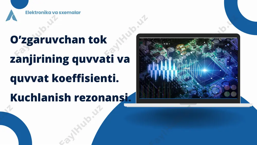 shlatiladi. tokning chastotasi: o‘zgaruvchan tok zanjirida quvvat to’liq quvvat aktiv reaktiv bu o‘zgaruvchan tok zanjiridagi umumiy quvvat bo‘lib, aktiv va reaktiv quvvatlarning vektorli yig‘indisiga teng. to‘liq quvvat quyidagi formula orqali hisoblanadi: s=u⋅i bu o‘zgaruvchan tok zanjirida foydali ishni bajarishga sarflanadigan quvvatdir. u elektr energiyasini issiqlik, mexanik ish yoki boshqa foydali energiya shakllariga aylantiradi. aktiv quvvat quyidagi formula orqali aniqlanadi: p=u⋅i⋅cosφ bu zanjirda energiyaning elektr va magnit maydonlari o‘rtasida uzatilishi natijasida hosil bo‘ladigan quvvatdir. bu quvvat foydali ish bajarmaydi, lekin zanjirda energiya almashinuvini ta’minlaydi. reaktiv quvvat quyidagicha aniqlanadi: q=u⋅i⋅sinφ o’zgaruvchan tok zanjirida quvvat elektr zanjirida rezonans 4.10.1-rasmda elektr zanjiriga parallel ulangan induktiv va sigim qarshiliklari ko'rsatilgan. manbadan kelgan to’liq tok ikkiga bo’linib ketadi, ya’ni induktiv tok induktiv qarshilik ulangan tarmoqqa, sig‘imli tok sig‘im qarshilik ulangan tarmoqqa. bu ikkita tok birbiriga proporsional va qarama-qarshi tomonga yo‘nalgan bo‘lib, zanjirdagi tok ularning ayirmasiga teng. ma’lum chastotada bu toklarning ayirmasi juda kichik. bunda zanjirda juda …