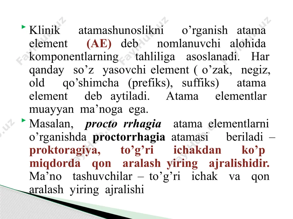 cler-,avitamin-, myc-, candid-, cirrh-) 4) –iasis (lith-, cholelith-, psor-, elephant- ) berilgan ae lardan atamalar yasang va ma’nosini tushuntiring: abscessus, us m abssess acutus, a, um o’tkir benignus, a, um xavfsiz cancer, cri m saraton caries, ei f karies colica, ae,f sanchiq coma, atis n behush holat cysta, ae f pufak, kista diabetes, ae, f diabet diabeticus, a, um diabetga oid diffuses, a, um tarqalish eczema, atis n chilla yara fractura, ae, f sinish gangraena, ae, f qorason gangraenosus, a, um gangrenali glaucoma, atis n glaukoma hernia, ae, f churra hernialis, e churraga oid icterus, i, m sariqlik ileus, i m ichak tutilishi infantilis, e bolalarga xos infectio, onis f infeksiya infectiosus, a, um yuqumli inflammatio, onis f yalig’lanish juvenilis, e o’spirinlarga xos malignus, a, um xavfli morbus, i, m kasallik oedema, atis, n shish paralysis, is f falaj, shal paralyticus, a, um shallikka oid paresis, is, f parez pneumonia, …