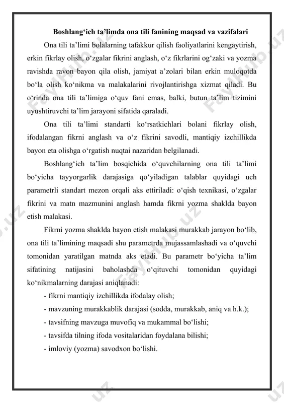 hlar va harflar, unli tovushlar va harflar, undosh tovushlar va harflar, jarangli va jarangsiz undoshlar, alifbo, bosh va kichik harflar, tutuq belgisi (fonetik tahlil); bo‘g‘in va bo‘g‘in tuzilishi, so‘zlarni bo‘g‘inlab ko‘chirish; so‘z va so‘z ma’nolari (lug‘aviy tahlil - bir ma’noli so‘zlar, qarama-qarshi ma’noli so‘zlar, ko‘p ma’noli so‘zlar); so‘z tarkibi: o‘zak va qo‘shimcha (turlovchi va yasovchi), o‘zaklarda tovush o‘zgarishi, o‘zak va qo‘shimchalar imlosi; so‘z nomlarini mazmuniga ko‘ra guruhlash: predmetlar nomini bildiruvchi so‘zlar, predmetlarning harakatini, belgisini, sanog‘ini bildiruvchi so‘zlar, predmetga ishorani ifodalovchi so‘zlar (shaxsga nisbatan–kishilik olmoshi); gap, gapning fikr bildirish maqsadiga ko‘ra turlari (darak, so‘roq, buyruq va his-hayajonni bildiruvchi gaplar), gapda tinish belgilarining ishlatilishi (nuqta, so‘roq, undov va h.k.), yozma nutqda ishlatiladigan muhim (ayrim) belgilar : vergul, qavs, ikki nuqta, ko‘p nuqta; gapning tuzilishi: gapning asosiy mazmunini bildiruvchi bo‘laklar (ega va kesim), gapning asosiy mazmunini to‘ldiruvchi bo‘laklar (ikkinchi darajali bo‘laklar – ularning turi va nomlaridan mustasno); · gapda so‘zlarning o‘zaro bog‘lanishi, so‘z …