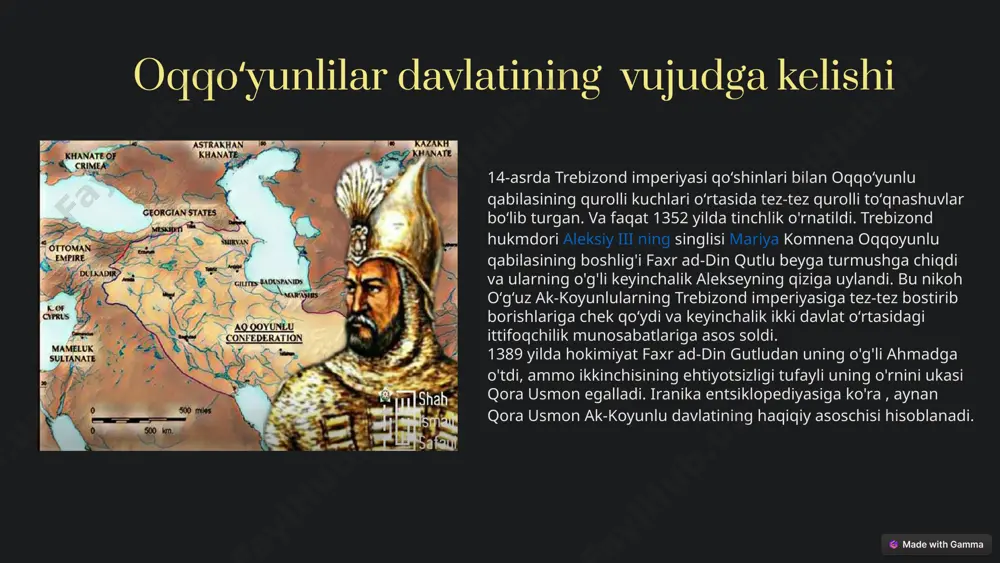 munosabatlar yanada murakkablashdi va navbatdagi harbiy qarama-qarshilikka olib keldi. oqqo‘yunlu davlatining usmonli hukmdorlariga qarshi olib borgan harbiy harakatlari oxir-oqibatda muvaffaqiyatsizlikka uchradi. 1472 yilda oq koyunlu qo'shinlari usmonlilar mulkiga bostirib kirishdi, sivas va kayserini qo'lga kiritishdi , ammo keyinchalik usmonli qo'shinlari tomonidan eski joylariga qaytarildi.1473 yil 1 avgustda uzun hasan malatyada usmonlilarni mag’lub etdi . 1473-yil 11-avgustda furot daryosining yuqori oqimidagi terjan jangida ( otlug‘beli jangi ) uzun-hasan qo‘shini usmonli turklari tomonidan mag‘lubiyatga uchradi . muvaffaqiyatsizlik sabablari zaif artilleriya, o’qotar qurollarning etishmasligi, shuningdek, oilalar, qullar va chorva mollari bilan yurish qilgan ko’chmanchi qabilalarning bo’lgan oqqo’yunlu qo’shinini tashkil etishning eskirgan taktikalari. oq-koyunluning ittifoqchisi venetsiya respublikasi uzun-hasanga o‘qotar qurol va to‘plar yetkazib berishni tashkil etishga urindi, biroq manzil bo‘ylab venetsiya to‘plari qisman usmonli turklari, qisman kurd feodallari tomonidan qo‘lga olindi 6 oqqoʻyunlilar davlatining zaiflashuvi uzun hasan vafotidan keyin (1478) hokimiyatga uning oʻgʻli sulton yoqub keladi . yoqub davrida mamluklarning hujumlari qaytarildi (urfa) jangida …