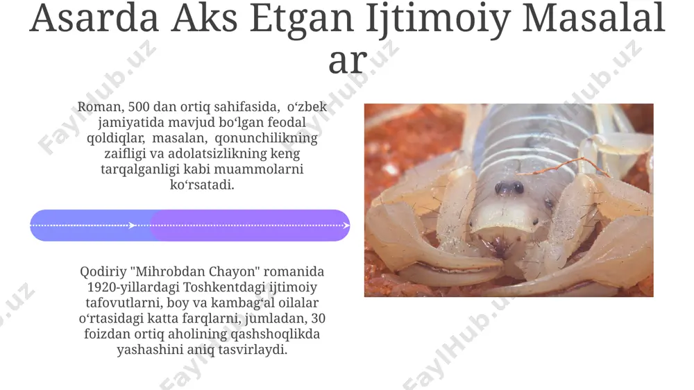 nchi ruhining shakllanishida, 20 yosh atroflarida qamoqxonada o'tkazgan 5 yil va u yerda uchratgan odamlarning taʼsiri katta rol o'ynaydi. bu davr otabekning siyosiy qarashlarini shakllantiradi. kitob voqealari davomida otabek, samarqand va buxoro shaharlarini qamrab olgan siyosiy voqealarga bevosita aralashadi va 100 dan ortiq odamning taqdiriga taʼsir ko'rsatadi. xulosa va yakun asarning "xulosa va yakun" qismida taxminan 20 bet atrofida muallifning ijtimoiy-siyosiy voqealarga munosabati va 1920-yillar samarqandidagi hayot tarzining ta'siri aks ettirilgan. qodiriy, "xulosa va yakun" da hikoyaning asosiy fikrini 2-3 jumla bilan qisqacha bayon qilib, o'quvchilarga voqealar tahlili va 1920-yillar o'zbekistonining ijtimoiy hayotining muhim jihatlarini o'ylab ko'rish uchun fikr beradi. qodiriyning hayoti va ijodidan lavhalar қодирийнинг ижодида миллий ғоялар, халқнинг турмуш тарзи, 1920-йиллардаги тошкент шаҳрининг ижтимоий-сиёсий ҳаёти яққол тасвирланган. унинг "отабекнинг ажали", "меҳробдан чаён" каби 20 дан ортиқ асарлари мавжуд бўлиб, улар ўзбек халқининг ҳаёти ва маданиятини акс эттиради. asarning sahnalashtirilishi va ekranlashtirilishi film studiyalari "mihrobdan chayon"ni ekranlashtirishga bir necha …
