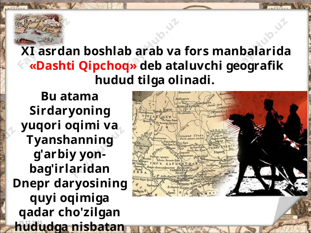ulxayrxon saroyida ham turkiylar odatiga ko'ra tug'ilgan go'dakka ikki ism qo'yish urf bo'lgan. ismlarning birinchisi islomiy (arab), ikkinchisi esa turkiy bo'lgan. 17.06.2020 8 tug'ilganda muhammad deb nom olgan shayboniy o'zining ikkinchi nomi bilan mashhur bo'lgan. «boburnoma» asarida shayboniyning ismi shoyboqxon deb berilgan. bu nom «kuch-qudrat» degan ma'noni anglatadi. umuman olganda, muhammad shayboniyxon faqat xon bo'lmasdan, ayni paytda ilm-ma'rifat homiysi va o'zi ham didli ijodkor, shoir bo'lgan. 17.06.2020 9 shayboniyga nufuzli temuriy amirlardan bo'lmish muhammad mazid tarxon homiylik qildi. u turkiston va o'tror hukmdori edi. shayboniy ukasi bilan turkistonda uzoq vaqt yashamadi. 17.06.2020 10 muhammad mazid tarxon balog'atga yetgani sari shayboniy ko'nglida bobosi abulxayrxon davlatini tiklash orzusi jo'sh urib bora boshladi. u dashti qipchoqqa qaytib borib, lashkar to'plashga muvaffaq bo'ladi. ayni paytda, u bobosi davlatini tiklash yo'lidagi xatti-harakatini dastlab o'z qo'shini bilan temuriylarga yollanma qo'shin lashkarboshisi sifatida xizmat qilishdan boshlagan. 17.06.2020 11 abulxayrxon shayboniy parchalangan amir temur davlatining shimoliy chegarasida noiblik …