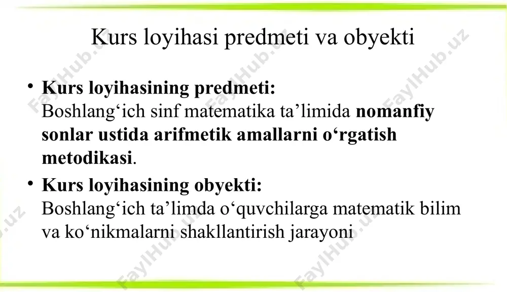 ida har doim musbat son hosil bo‘ladi. o‘quvchilarga qo‘shishning tasviriy usullarini ko‘rsatish: misol uchun, raqamli kartochkalar yoki rasmli jadval yordamida, masalan, “3 olma va 2 olma”ni qo‘shish orqali tushuntirish. yaproq metodi 2.2. nomanfiy sonlar ustida ko‘paytirish va bo‘lish amallarini o‘rgatish metodikasi nomanfiy sonlar ustida ko‘paytirish va bo‘lish amallarini o‘rgatish, o‘quvchilarga sonlar orasidagi bog‘lanishni va ularni manipulyatsiya qilishni tushunishga yordam beradi. bu amallar, o‘quvchilarning matematik tafakkurini rivojlantirishga va murakkab masalalarni yechishda qo‘llaniladigan asosiy ko‘nikmalarni shakllantirishga imkon yaratadi. ko‘paytirish amali bo‘yicha metodika ko‘paytirish natijasida musbat sonlar hosil bo‘ladi: nomanfiy sonlar bilan ko‘paytirish amali ijobiy natijalarni beradi, masalan, 3 × 5 = 15. ko‘paytirishning distributiv xususiyati: ko‘paytirish amali qatnashuvchi sonlarning taqsimlanishini ta’minlaydi, masalan, (2 + 3) × 4 = (2 × 4) + (3 × 4). ko‘paytirish amali bo‘yicha metodlar: rasm va diagrammalar yordamida tushuntirish: nomanfiy sonlarni ko‘paytirishda, o‘quvchilarga tasvirlar yoki diagrammalar orqali amallarni ko‘rsatish. masalan, "3 ta quti, har birida 5 dona …