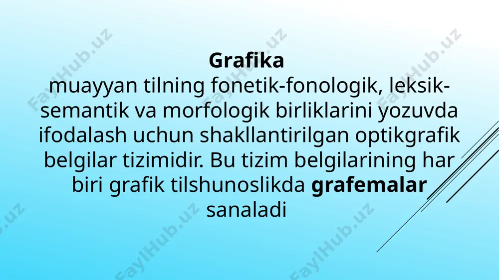 vush aloqasida simmetriyani - «bir tovushga bir harf» munosabatini ta’minlaydi. qiyos qiling: maktab (fonemalar - 6 ta, grafemalar - 6 ta, harflar - 6 ta) - мактаб (fonemalar — 6ta, grafemalar — 6 ta, harflar — 6 ta) kabi. bu hoi har ikkala tizim vositasida yozish va o'qish ko'nikmalarining shakllantirilishini osonlashtiradi, shunga ko'ra yozuv amaliyotining pedagogik aspektida ijobiy baholanishi mumkin. 2. sh, ch, ng, ts kabi digraflarning (analitik grafemalarning) mavjudligi yozma nutq oqimida fonetik-grafik asimmetriyaning yuzaga kelishiga sabab bo'ladi. qiyos qiling: xushchaqchaq (fonemalar - 9 ta, grafemalar - 9 ta, harflar - 12 ta), shoshilinch (fonemalar - 8 ta, grafemalar - 8 ta, harflar - 11 ta) kabi. bunday asimmetriya yozish va o'qish ko'nikmalarining shakllantirilishini biroz qiyinlashtiradi, shunga ko'ra yozuv amaliyotining pedagogik aspektida salbiy holat tarzida baholanishi mumkin. prosodemografemalar (prosodemogrammalar). grafemalarning bu guruhi tovush tilining ritmik-intonatsion vositalarini (urg'u, ohang, melodika, pauza kabilarni) yozuvda ifodalash uchun xizmat qiladi. xususan, urg’u belgisi …