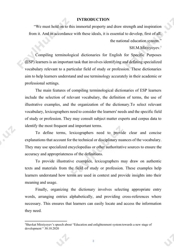 rminological dictionaries of esp learners is to provide a reliable and comprehensive resource for learners to understand and use specialized vocabulary accurately in their academic or professional settings. by identifying and defining relevant terms and providing illustrative examples, these dictionaries help learners to communicate effectively and confidently within their specific fields of study or profession. one of the key aims of terminological dictionaries is to support esp learners in developing their domain-specific knowledge and language proficiency. they help learners to acquire the terminology and language skills necessary for successful communication in their field of study or profession. this can have significant benefits for learners, including improved academic and professional performance, greater career prospects, and increased confidence and motivation in using the language. the practical value of the course paper. the practical value of compiling terminological dictionaries of esp learners lies in its ability to provide learners with a reliable and …