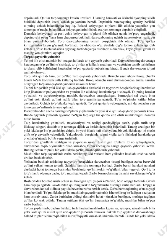 tida darvozabon uni ostidan barmoqlari bilan tutib oladi-da, qorni yoki ko‘kragi tomon torta boshlaydi. to‘p anchagina tez kelayotgan bo‘lsa, oyoqlarni to‘g‘rilash va gavdani oldinga engashtirish hisobiga orqaga tomon qo‘shimcha so‘ndiruvchi harakat qilinadio‘yin jarayonida darvozabonning yon tomoniga yumalab va past uchib kelayotgan, shuningdek, uning old tomonida ancha nariga tushayotgan to‘plarni ilishga ham to‘g‘ri keladi. bunday hollarda oldin to‘pning harakat yo‘nalishi tomonga qarab jilish kerak. bu ish yugurish qadami, juftlama qadam yoki chalishtirma qadam bilan, shuningdek, ko‘proq bir oyoqda depsinib yuqoriga, oldinga – yuqoriga yoki yon tomonga yuqoriga sakrash bilan amalga oshiriladi. shundan keyingi harakatlar tizimining tahlili yuqorida berilgan. to‘pni yuqoridan ilib olish o‘rtacha trayektoriyada uchib kelayotgan, shuningdek, baland uchib kelayotgan va pastga tushib kelayotgan to‘plarni egallab olish uchun qo‘llaniladi. darvozabon tayyorlov bosqichida dastlabki holatni egallayotganda qo‘llarni sal bukib, oldinga yoki yuqoriga – oldinga uzatadi. oldinga qaratilgan kaftlarning barmoqlari yoziq, yarim bukilgan bo‘lib, «yarim aylana» singari shakl hosil qilib turadi. bosh barmoqlar …