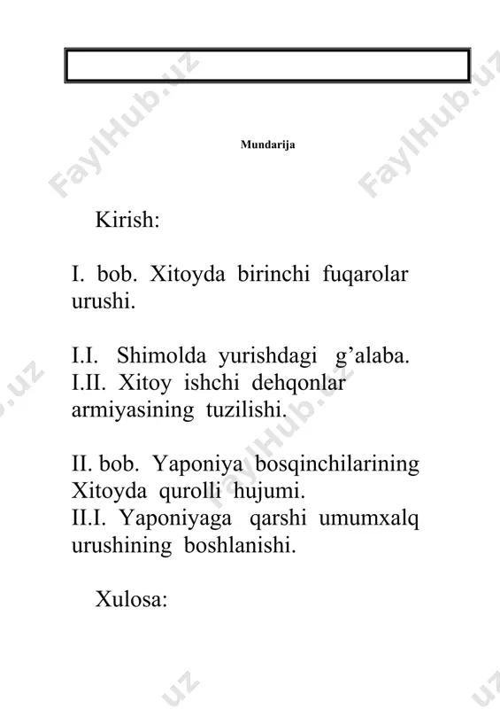 hqonlar armiyasining tuzilishi va uning faoliyatini ilmiy tahlil qiliish; - yaponlarga qarshi umumxalq harakatini sabab va oqibatlarini yoritib berishdan iboratdir. mavzuning o’rganilish darajasi. ikkinchi jahon urushi arafasida xitoyda keskin o’zgarishlar yuz berdi. bu mamlakatda yapon bosqinchilariga qarshi kurash jarayoni kuchayib ketdi. biz yuqoridagi masalani yoritishda turon davrdagi materiallarni o’rganib qo’ydagi fikirga keldi. ya’ni ikkinchi jahon urushi arafasida xitoy tarixini yoritishida turon adabiyotlarni ilmiy tahlil qilishga harakat qildik. jumladan g. a. xidoyatov, x. f. g’ulomov, z. r. nuriddinov, v. a. radkevich, v. v. aleksandrov, x. sinkotta va chan kay shi kabi olimlarning ilmiy ishlari qiyosiy tahlil qilindi. shuningdek bir qancha vaqtli matbuotda va enternet materiallardan ham foydalanildi. bitiruv malakaviy ishning ilmiy yangiligi. bitiruv malakaviy ishning ilmiy yangiligi avvalo shundan iboratki, maskur mavzu ilk bor bitiruv - malakaviy ish sifatida ilmiy adabiyotlar asosida izchil tadqiq etilmoqda. biz ilmiy istimolga ilk bor olib kirilayotgan materiallar turon tarixiy manbalar va adabiyotlarga tayangan holda o’z …