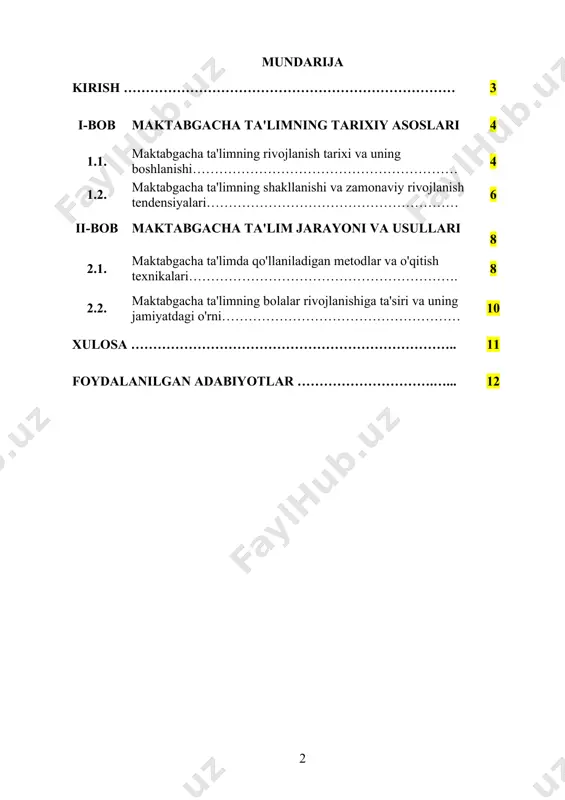 lim muassasalari xix asrning ikkinchi yarmida tashkil etila boshlandi. 20-asrga kelib, maktabgacha ta'limning ilmiy asoslari shakllandi va bolalar tarbiyasiga nisbatan ijtimoiy talablar kuchaydi. xulosa maktabgacha ta'lim tarixi zamon o‘tishi bilan o‘zgarib borgan, bolalar tarbiyasining samarali tizimiga asoslangan. bugungi kunda maktabgacha ta'lim zamonaviy talablar asosida rivojlanib, bolalarning rivojlanishiga ijobiy ta'sir ko‘rsatishda davom etmoqda. maktabgacha ta'limni o‘rganish va uni takomillashtirish, kelajakdagi avlodning sog‘lom va barkamol rivojlanishiga katta hissa qo‘shadi. i bob. maktabgacha ta'limning tarixiy asoslari 1.1. maktabgacha ta'limning rivojlanish tarixi va uning boshlanishi maktabgacha ta'limning rivojlanish tarixi uzoq va murakkab davrni o'z ichiga oladi. bu ta'lim shakli inson tarbiyasining dastlabki bosqichlarini tashkil etadi va bolalar uchun asosiy bilim va ko'nikmalarni shakllantiradi. maktabgacha ta'limni rivojlantirishning boshlanishi qadimiy davrlarga borib taqaladi. xususan, qadimgi misr, yunoniston va rimda bolalar uchun maxsus o'quv muassasalari tashkil etilgan edi. ammo bu ta'lim shakli asosan ijtimoiy toifalar va tabaqalarga bog'liq edi. yevropada maktabgacha ta'limning rivojlanishi 18-19-asrlarda, sanoat inqilobi va …