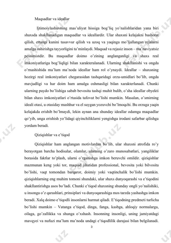 i shundaki, ular shaxs dunyoqarashi va e’tiqodini shakllantirishga asos bo’ladi. chunki e’tiqod shaxsning shunday ongli yo’nalishiki, u insonga o’z qarashlari, prinsiplari va dunyoqarashiga mos tarzda yashashga imkon beradi. xalq doimo e’tiqodli insonlarni hurmat qiladi. e’tiqodning predmeti turlicha bo’lishi mumkin – vatanga e’tiqod, dinga, fanga, kasbga, ahloqiy normalarga, oilaga, go’zallikka va shunga o’xshash. insonning insonligi, uning jamiyatdagi mavqyei va nufuzi ma’lum ma’noda undagi e’tiqodlilik darajasi bilan belgilanadi. ayrim insonlar butun umri mobaynida faqat bitta narsaga e’tiqod qiladilar. masalan, mir alisher navoiyning butun hayoti xalqqa va millatga fidoiylikning namunasi sifatida, turkiy xalqlar adabiyotiga asos solishga bag’ishlanganligi, imom buxoriy, ibn sino singari buyuk allomalarning turli tayziqlarga qaramay ilm va ijod yo’lidagi qat’iyatlari, erishgan yutuqlari e’tiqodlilikning yorqin namunasidir. bunday misollar sharqning va g’arbning buyuk shaxslari misolida juda ko’p. mansur xalloj, nasimiy, boborahim mashrab kabi hur fikrli zotlar esa qatl qilingan chog’larida ham o’z e’tiqodlari va tanlagan yo’llaridan qaytmaganlar. e’tiqodlilik nuqtai nazardan ham odamlar bir-birlaridan …