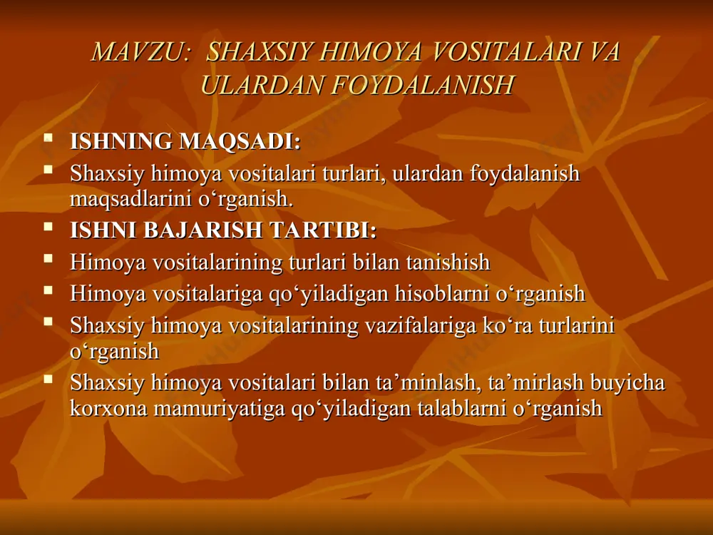 da tasdiqlangan texnik hujjatlari bo`lmagan shaxsiy himoya vositalarini qo`llash ta‘qiqlanadi. ular vazifasi, ishlash muddati ko`rsatilgan yo`riqnoma hamda saqlash va ishlatish qoidalari bilan ta‘minlanadi shaxsiy himoya vositalari (shhv) vazifalariga qarab qo`yidagi 11 turga bo`linadi: 1. boshni himoya qilish vositalari - kaskalar, shlemlar, shapkalar, berertkalar, shlyapalar. 2. ko`zni himoya qilish vositalari - himoya ko`zoynaklari. 3. eshitish a‘zolarini himoya qilish vositalari- qo`loqchinlar, vkladishlar. 4. yuzni himoya qilish vositalari – himoya niqoblari. 5. nafas a‘zolarini himoya qilish vositalari- gaz niqoblar, respiratorlar, havo shlemlari, havo maskalari. 6. ixotalovchi kostyumlar - pnevmokostyumlar, namdan ixotalovchi kostyumlar va skafandrlar 7. korjomalar - kombinezonlar, yarimkombinezonlar, ko`rtkalar, shimlar, kostyumlar, xalatlar, plashlar, pustinlar, fartuklar, nimchalar. 8. qo`llarni himoya qilish vositalari - qo`lqoplar. 9. maxsus poyafzallar - etiklar, kalta etiklar, botinkalar, kunjli botinkalar, tuflilar, kalish, botilar. 10. ehtiyot moslamalari - ehtiyot kamarlari, dielektrik gilamchalar,qo`l changaklari, manipulyatorlar, tizzani, tirsakni va yelkani ehtiyot qilish moslamalari. 11. himoyalovchi dermotologik vositalar - yuviladigan pastalar, kremlar, moylar. …