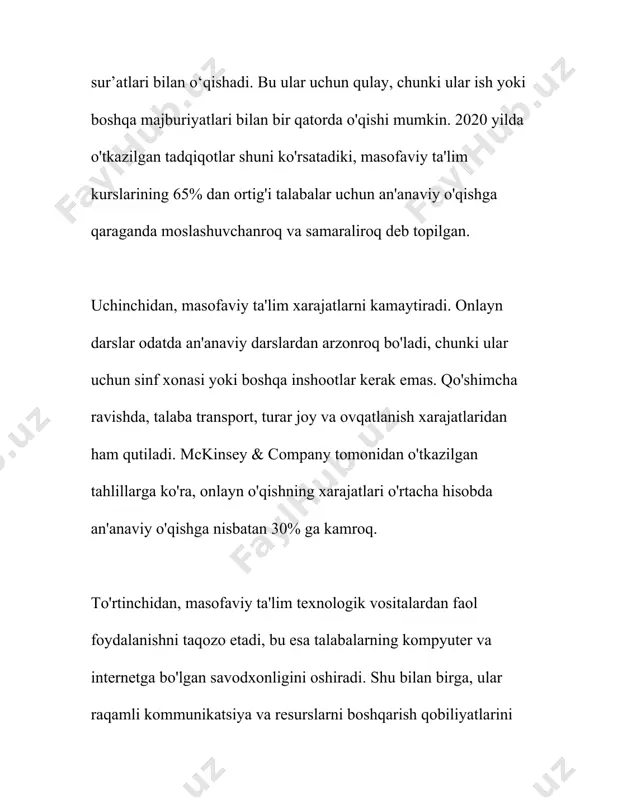 oursera**: coursera onlayn kurslar va sertifikatlar taklif etuvchi platforma bo‘lib, universitetlar va tashkilotlar taqdim etgan kurslarni o‘z ichiga oladi. coursera’ning yigirilishi orqali dunyo bo‘ylab 77 milliondan ortiq foydalanuvchilar bilimlarni oshirish imkoniyatiga ega bo'lishdi. 6. **edmodo**: edmodo o‘qituvchilar, talabalar va ota-onalarga onlayn tarzda muloqot qilish imkoniyatini beradi. platforma mustahkam xavfsizlik choralariga ega bo‘lib, turli vazifalar va testlar tashkil etishga imkon beradi. 2018-yilda edmodo 86 milliondan ortiq foydalanuvchilar bilan kengashgan edi. 7. **blackboard**: blackboard masofaviy ta'lim platformasi akademik resurslarni baham ko‘rish uchun keng qo‘llaniladi. dunyo bo‘ylab rasmiy ta’lim tizimlarida blackboard ko‘plab universitetlar va maktablar tomonidan ishlatiladi va bir milliondan ortiq muassasa foydalanuvchisi bor. 8. **khan academy**: khan academy ta'lim islohotiga hissa qo‘shuvchi bepul onlayn platforma bo‘lib, o‘zini-o‘zi o‘rganish va myloniy olishni qo‘llab-quvvatlaydi. uning ma’lumotlari jumladan, 2020-yilda pandemiya davrida 20 milliondan ortiq o‘quvchi xizmatlardan foydalangan. 9. **udemy**: udemy turli sohalarda onlayn kurslar taklif etuvchi platforma bo‘lib, jahon bo‘ylab 40 milliondan ziyod talabalarga xizmat …