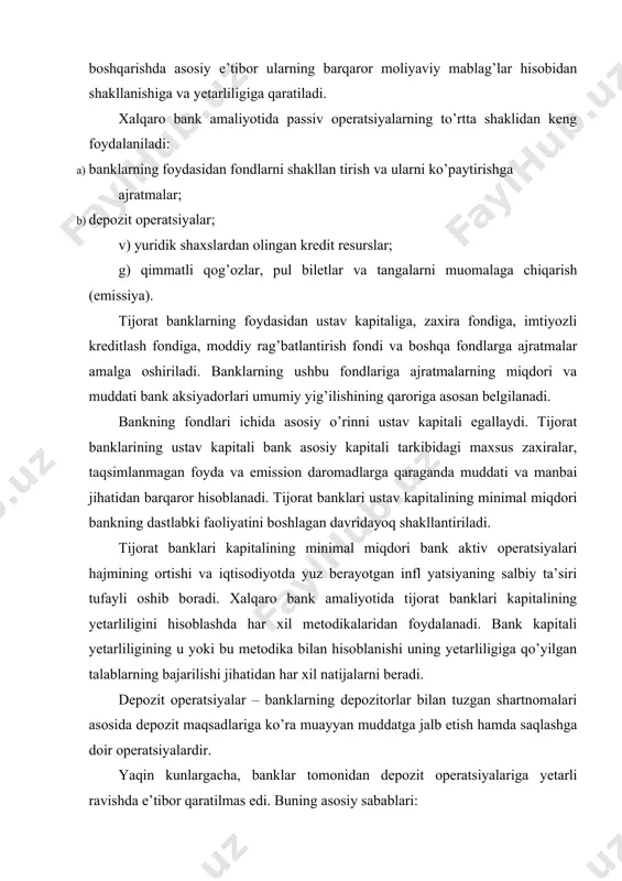 omalari asosida depozit maqsadlariga ko’ra muayyan muddatga jalb etish hamda saqlashga doir operatsiyalardir. yaqin kunlargacha, banklar tomonidan depozit operatsiyalariga yetarli ravishda e’tibor qaratilmas edi. buning asosiy sabablari: – birinchidan, bank xizmatlariga bo’lgan ehtiyojning taklifdan birmuncha yuqoriligi; 4 – bank faoliyati tahlili – ikkinchidan, infl yatsiya darajasining nisbatan balandligi; – uchinchidan, arzon moliyaviy resurslarning mavjudligidir. ushbu holat tijorat banklarining moliyaviy resurslarga bo’lgan ehtiyojini ortiqcha qiyinchiliklarsiz qondirish bilan birga, ularga yetarli miqdorda o’z foydasini shakllantirish imkoniyatini ham berdi. ammo aholining banklarga omonatlar qo’yish istagining pasayib ketganligi, pul mablag’larini kredit muassasalari tizimidan tashqarida aylanishini kamaytirish lozimligi, keyingi yillarda infl yatsiya darajasining pasayishi, markaziy bankning qayta moliyalash stavkalarining muntazam ravishda kamayib borishi tijorat banklaridan depozit operatsiyalarning amaliy ahamiyatini oshirishni talab etmoqda. tijorat banklari jalb qilgan mablag’larining asosiy qismini depozitlar tashkil etadi. depozitlar omonatchilar tomonidan qo’yilgan yoki operatsiyalar jarayonida bank hisobvarag’ida ma’lum vaqtgacha saqlanadigan mablag’lar hisobidan shakllantiriladi. bank amaliyotida qo’llanilayotgan depozitlar va umuman, depozitlar haqida …