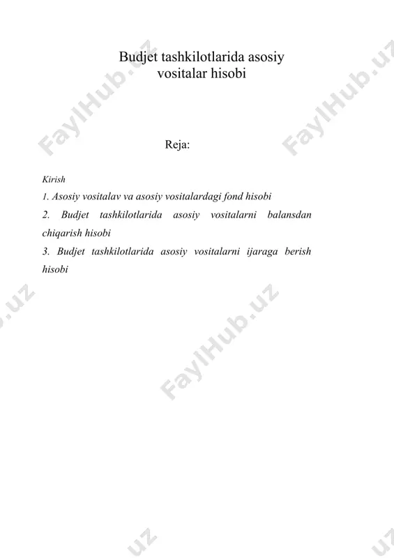 daraxtlar va inshootlami qurish bilan bog'liq bo'lmagan erlami yaxshilashga oid kapital xarajatlar, muzey qiymatliklari, hayvonat olami eksponatlari, sahnaga qo'yish vositalari, namunaviy loyihalash bo'yicha hujjatlar, texnik tashuvchi (jism)lardagi dasturlar, o'quv kinofilmlari, magnitli diskalar va lentalar, kassetalar va boshqalar) bo'ladi. budjet tashkilotlarida qiymati va xizmat qilish muddatidan qat’iy nazar, qishloq xo'jalik mashinalari va qurollari, ishchi va mahsuldor hayvonlar (maydalari ham), kutubxona fondlari, muzey qiymatliklari (muzey eksponatlaridan tashqari), hayvonat olamining eksponatlari va namunaviy loyihalash bo'yicha hujjatlar, asosiy vositalar tarkibiga kiradi. budjet tashkilotlarida har binning (komplektining) qiymati 0‘zbekiston respublikasida belgilangan (muayyan buyumni sotib olish vaqtida) eng kam ish haqining 50 baravarigacha bo'lgan, xizmat qilish muddatidan qat’iy nazar, buyumlar hamda baliq ovlash qurollari (to'rlar, yoyma to'rlar, arqonlar, merejlar va shu kabilar), qiymatidan va xizmat qilish muddatidan qat’iy nazar, asosiy vositalar jumlasiga kiritilmaydi. shuningdek, xizmat qilish muddati va qiymatidan qat’iy nazar quyidagi inventar va xo'jalik jihozlari ham asosiy vositalar tarkibiga kiritilmaydi: a) maxsus asboblar va moslamalar …