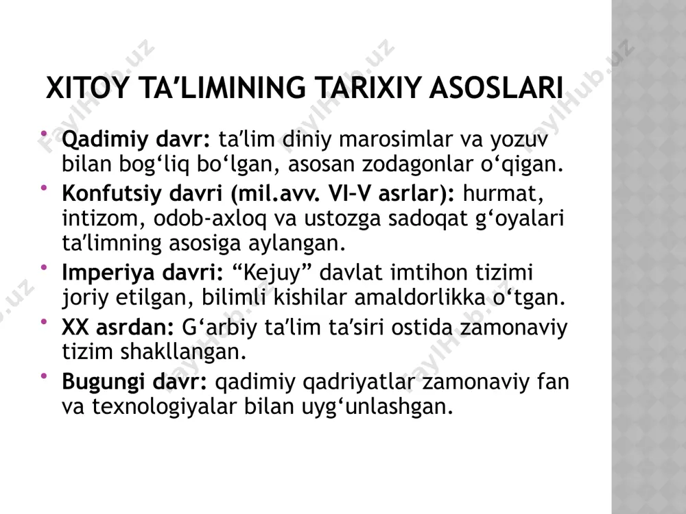 rlikka jalb qilingan. xx asr: yaponiya mustamlakachiligi davrida taʼlim tizimi isloh qilingan. urushdan keyin: aqsh taʼlim modeli asosida zamonaviy maktab tizimi shakllangan. taʼlim va tarbiya taʼlim tizimi: 12 yillik maktab taʼlimi; oliy taʼlimga katta talab. o‘qitish mazmuni: fan, matematika, texnologiya va ingliz tiliga eʼtibor. tarbiya tamoyillari: mehnatsevarlik, intizom, ota-ona va ustozga hurmat. jamiyat qadriyatlari: jamoaviylik, milliy g‘urur, axloqiy tarbiya. zamonaviy yo‘nalishlar: raqamli taʼlim, innovatsiya va texnologiyalarni keng qo‘llash. hindiston hindiston qadimiy sivilizatsiya va boy madaniyat markazi. taʼlim va tarbiya din, anʼana va zamonaviylik uyg‘unligiga asoslangan. jamiyatda bilim olish va maʼnaviy kamolot qadrlanadi. tarixiy asoslari qadim davr: veda va upanishadlar asosida diniy va falsafiy taʼlim rivojlangan. budda davri: nalanda va taxshashila kabi dunyoga mashhur qadimiy universitetlar faoliyat yuritgan. islom davri (xiii–xviii asrlar): madrasalar orqali diniy va dunyoviy bilim berilgan. britaniya mustamlakachiligi (xviii–xx asr): ingliz tili va g‘arbiy taʼlim tizimi joriy etilgan. mustaqillikdan keyin: taʼlim tizimi milliy qadriyatlar va zamonaviy fan asosida …