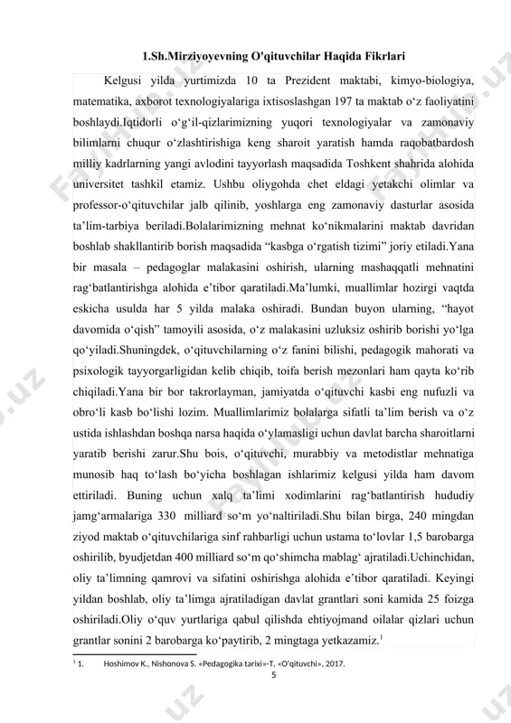 oliy o‘quv yurtlari o‘rtasida bilimli va iqtidorli yoshlarni jalb qilish bo‘yicha raqobat yo‘q. shu sababli, xususiy oliygohlarga ham kerakli mutaxassislarni tayyorlash bo‘yicha davlat buyurtmasi berish tizimi yo‘lga qo‘yiladi.oliygohlar va ta’lim tizimining quyi bo‘g‘inlari o‘rtasidagi uzviylikni kuchaytirish maqsadida 65 ta akademik litsey oliy o‘quv yurtlari tasarrufiga o‘tkaziladi.shuningdek, 187 ta texnikum ham o‘z yo‘nalishi bo‘yicha turdosh oliygoh va tarmoq korxonalariga biriktiriladi.nufuzli xorijiy universitetlar, ilmiy va innovatsion markazlar bilan aloqalarni kuchaytirish, ular bilan kadrlar tayyorlash bo‘yicha hamkorlikni yanada kengaytirishimiz zarur.shu munosabat bilan, kelgusi yilda “el-yurt umidi” jamg‘armasi orqali yetakchi xorijiy oliy o‘quv yurtlarining magistratura va doktoranturasida o‘qishga yuboriladigan yoshlar soni 5 barobarga oshiriladi.bu dastur orqali ilk bor bakalavr yo‘nalishida chet ellarga 100 nafar o‘g‘il-qizlarimizni yuboramiz. keyingi yillardan ularning soni 2-3 barobarga ko‘paytiriladi.yangi yilda yurtimizdagi 30 ta yetakchi oliygohga o‘quv dasturlarini ishlab chiqish, qabul kvotasi va moliyaviy masalalarni mustaqil hal qilish huquqi beriladi.to‘rtinchidan, mamlakat taraqqiyotining zamini, hech shubhasiz, ilm-fan va innovatsiyalardir.kelgusi yilda ilm-fan sohasida …