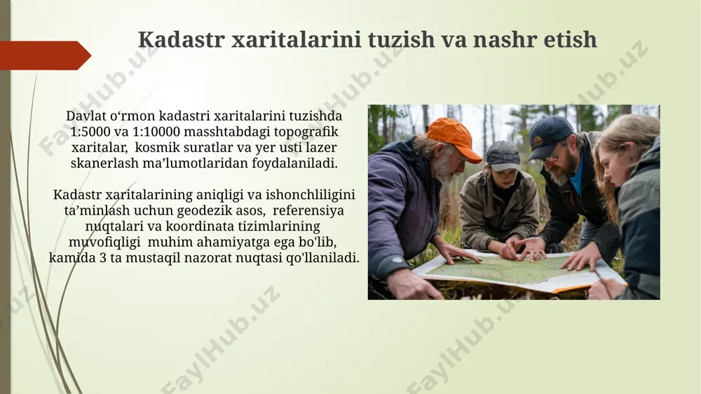 uchastkalar geodezik aniqlik jihatidan tekshiriladi va xaritalar bilan solishtiriladi. hisobot berish va hujjat aylanishi hujjat aylanishi elektron hujjat boshqaruv tizimi orqali amalga oshiriladi, bu esa 10 kun ichida hujjatlarning ko‘rib chiqilishini va tasdiqlanishini ta’minlaydi hamda 7 kun ichida tegishli javoblarni olish imkonini beradi. hisobotlar oylik va choraklik ko‘rinishda, kamida 5 ta asosiy ko‘rsatkich (masalan, yangi o‘lchovlar soni, tuzatish ishlari hajmi, ma’lumotlar bazasi yangilanishi) bo‘yicha taqdim etiladi va tegishli hujjatlar bilan tasdiqlanadi. moliyalashtirish va iqtisodiy jihatlari davlat oʻrmon kadastrini yuritish uchun yillik 5-10 million soʻm miqdorida byudjet mablagʻlari ajratilishi, shuningdek, xususiy sektor hamkorligini jalb qilish orqali qoʻshimcha moliyalashtirish manbalarini izlash zarur. kadastr maʼlumotlarini yangilash va saqlash jarayonlarining samaradorligini oshirish uchun texnologiyalarni joriy etish (masalan, gis texnologiyalari)ga 20-30% gacha mablagʻ sarflash iqtisodiy jihatdan oʻrinli hisoblanadi. geodeziya va kartografiya ishlari davlat oʻrmon kadastrini yuritishda geodeziya va kartografiya ishlari doirasida kamida 1:5000 masshtabdagi topografik xaritalar va raqamli yer uchastkalari maʼlumotlar bazasidan foydalaniladi. geodeziya va …