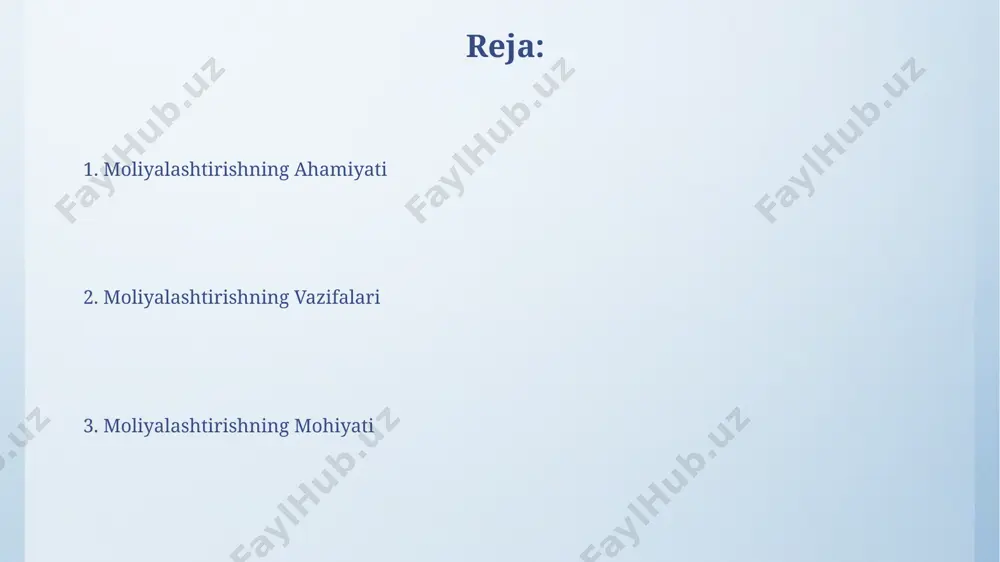 moliyaviy xavflarni kamaytirish imkoniyatini beradi. moliya manbalarining turlari korxonalar moliyaviy ehtiyojlarini qoplash uchun 10 ga yaqin turdagi moliya manbalaridan foydalanishi mumkin, jumladan, bank kreditlari, obligatsiyalar chiqarish va investorlarning kapital kiritish kabi vositalarni qoʻllaydi. moliya manbalarining asosiy 3 turi mavjud: ichki manbalar (oʻz mablagʻlari, foyda), tashqi manbalar (kreditlar, investitsiyalar) va aralash manbalar (grantlar, subsidiyalar) boʻlib, ularning har biri korxona faoliyatida muhim rol oʻynaydi. moliyaviy xavflar va ularni boshqarish moliyaviy xavflarni boshqarishda diversifikatsiya strategiyasi, portfelni kamida 5-7 ta turli aktivlarga taqsimlash orqali, xavf darajasini sezilarli darajada kamaytiradi. likvidlik xavfi korxonaning qisqa muddatli majburiyatlarini qoplash uchun yetarli darajada likvid aktivlarga ega emasligi bilan bog'liq bo'lib, bu ko'rsatkich 1,5 dan past bo'lsa, jiddiy muammo hisoblanadi. moliyalashtirishning mohiyati moliyalashtirishning samaradorligi turli ko'rsatkichlar, jumladan, kapitalning rentabelligi (roi) va aktivlarning aylanishi (ato) orqali baholanadi, bu ko'rsatkichlarni tahlil qilish 10% dan yuqori o'sish sur'atini aniqlashga yordam beradi. moliyalashtirishning mohiyati – bu korxona faoliyatini amalga oshirish uchun zarur bo'lgan …