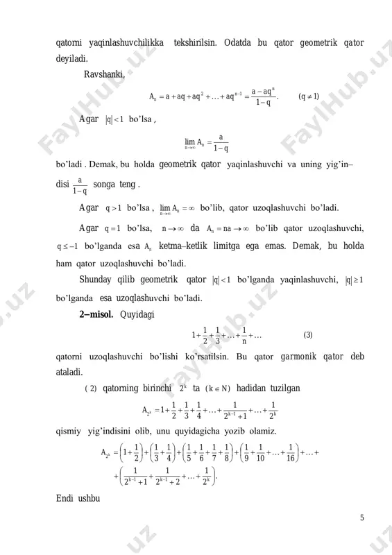    aaaaa nn n n n bo’lishini topamiz. eslatma. qatorning umumiy hadi n da nolga intilishdan uning yaqinlashuvchi bo’lishi har doim kelib chiqavermaydi. masalan. garmonik qator   1 1 n n ning umumiy hadi n an 1  bo’lib, u n da nolga intiladi, ammo bu qator uzoqlashuvchi. yuqorida keltirilgan 4—xossa qator yaqinlashishning zaruriy shartini ifodalaydi. 2 0 . koshi teoremasi. aytaylik ,     n n n aaaa 21 1 qator berilgan bo’lib, nn aaaa  21 uning qismiy yig’indisi bo’lsin. 11 1—teorema.   1n na qatorning yaqinlashuvchi bo’lishi uchun 0 olinganda ham shunday nn 0 topilib, 0nn  va 3,2,1m lar uchun   mnnnnmn aaaaa 21 tengsizlikning bajarilishi zarur va yetarli. bu teorema muhim nazariy ahamiyatga ega bo’lib, undan amaliy masalalarni hal etishda foydalanish qiyin bo’ladi. 3 . musbat qatorlar 1 0 . musbat qatorlarning yaqinlashuvchi bo’lishi sharti. biror )2( qator …