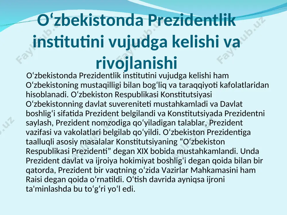 haytirish to‘g‘risida”gi qonun va konstitutsiyaning 89-moddasi, 93-moddasi 15 bandi” 102-moddasi ikkinchi qismiga kiritilgan o‘zgarishlar prezident maqomiga ham sezilarli ta'sir qildi. o‘zgarishlar asosida prezident ijro hokimiyatiga boshchilik qiliishi bekor bo‘lib, prezident davlat boshlig‘idir va davlat hokimiyati organlarining kelishilgan holda faoliyat yuritishini hamda hamkorligini ta'minlaydi degan qoida kiritildi. 2011-yil 12-dekabrdagi konstitutsiyaga o‘zgartirish kiritish to‘g‘risidagi qonunga asosan prezident vakolat muddati yetti yildan besh yilga o‘zgartirildi. bu demokratik talablari, jahon tajribasiga mos bo‘ldi. o‘zbekiston prezidenti faqat davlat boshlig‘i maqomiga ega bo‘lsada, konstitutsiyada unga keng vakolatlar berilgan, u siyosiy hayotda (amaliyotda) ham hal qiluvchi rol o‘ynaydi. o‘zbekistonda prezident hokimiyati mustaqil, u parlament tomonidan nazorat qilinmaydi, parlament oldida mas'ulligi yo‘q. prezident amaliyotda barcha hokimiyat tarmoqlaridan ustun turadi. buning eng asosiy sabablaridan biri o‘zbekiston prezidenti xalq tomonidan saylanadi va xalqdan to‘g‘ridan-to‘g‘ri vakolat oladi. bulardan tashqari o‘zbekiston prezidenti o‘zbekistonda faoliyat yuritadigan, lekin biror bir hokimiyat tizimiga kirmaydigan muassasalar rahbarlarini lavozimga tayinlashda ishtirok etadi. masalan, markaziy bank boshqaruvi raisi, …