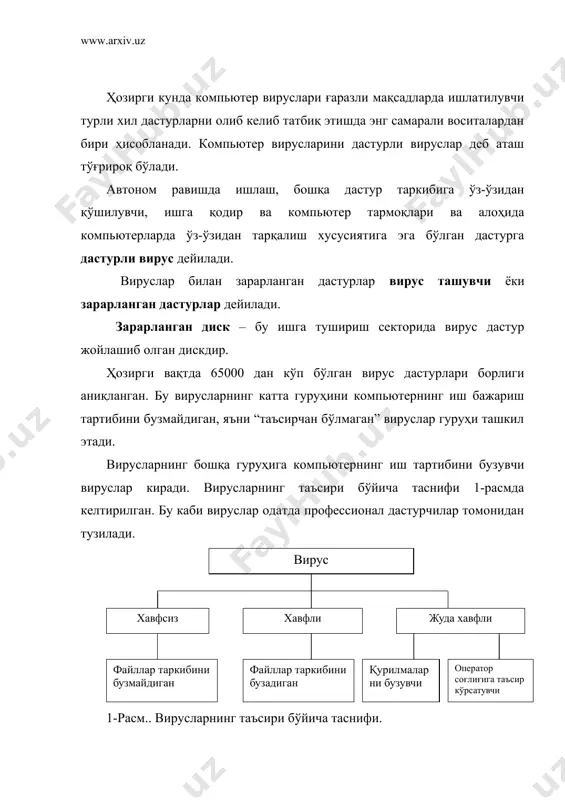лларни таркибини бузмайдиган вируслар: а) тезкор хотира қурилмасида кўпаювчи; б) операторни таъсирлантирувчи; в) тармоқ вируслари. файл таркибини бузувчи вируслар: а) фойдаланувчининг маълумотлари ва дастурларни бузувчи; б) тизим маълумотларни бузувчи. қурилмаларни бузувчи: а) дисплейнинг люминафор қатламини куйдирувчи; б) компьютернинг микросхемасини ишдан чиқарувчи; в) принтерни ишдан чиқарувчи; г) мдни бузувчи. операторга таъсир этувчи: оператор техникасига таъсир этувчи. вируслардан ташқари файллар таркибини бузувчи троян дастурлари мавжуд. вирус кўпинча компьютерга сездирмасдан киради. троян дастурини фойдаланувчининг ўзи фойдали дастур сифатида дискка ёзади. маълум бир вақт ўтгандан кейин бузғунчи дастур ўз таъсирини кўрсатади. троян дастурлари (тд) фойдаланувчига зарар келтирувчи бўлиб, улар буйруқлар (модуллар) кетма-кетлигидан ташкил топган, омма орасида жуда кенг тарқалган дастурлар (таҳрирловчилар, ўйинлар, тарнсляторлар) ичига ўрнатилган бўлиб, бир қанча ҳодисалар бажарилиши билан ишга тушадиган “мантиқий бомба” деб аталадиган дастурдир. тд ўз-ўзидан кўпаймасдан, компьютер тизими бўйича дастурловчилар томонидан тарқатилади. вирус ҳаёти одатда қуйидаги даврларни ўз ичига олади: қўлланилиш, инкубация, репликация (ўз-ўзидан кўпайиш) ва ҳосил бўлиш. инкубация …