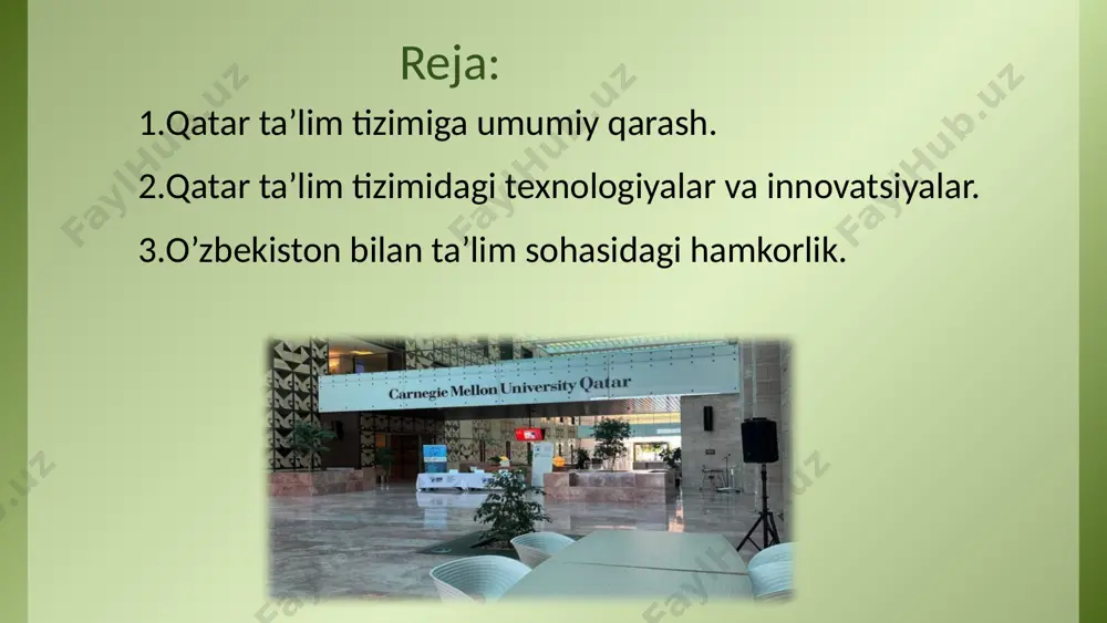 shuvlari bilan ajralib turadi. qatar davlati xalqaro baholash dasturlarida o’zining ta’lim tizimi va o’quvchilari bilan ba’zi ijobiy natijalarga erishgan, lekin ba’zi sohalarda ham rivojlanish zarurligi mavjud. quyidagi xalqaro baholash dasturlarida qatarning ko’rsatkichlari haqida qisqacha ma’lumot berish mumkin: 1.pisa qatarning pisa ko’rsatkichlari har yili o’zgarib turadi, ammo u umumiy dunyo miqyosida yuqori o’rinlarga ega emas. qatarning natijalari ko’proq o’rta darajaga yaqin bo’lgan. pisa 2018 yilgi natijalari bo’yicha, qatarning o’quvchilari matematikadan va fanlardan o’rtacha darajada baholangan. bu esa ta’lim tizmi uchun muhim o’sish imkoniyatlarini anglatgan. 5 2.timss qatarning timss ko’rsatkichlari boshqa yuqori darajadagi mamlakatlar bilan solishtirilganda, o’rtacha yoki pastroq bo’lgan, ammo o’quvchilarning fanga bo’lgan qiziqishi va resurslarga sarmoya kiritish o’sish uchun istiqbollarni yaratadi. 6 innovatsiyalar. innovatsion yondashuvlar, o’quv dasturlarini samaradorligini oshirishda muhim ro’l o’ynaydi. maktab va universitetlarda o’quvchilar ijodkorligini rivojlantirish uchun yangi g’oyalar qo’llaniladi. texnologiyalar. qatar ta’lim tizimida ta’lim jarayonining sifatini oshirishda muhim ahamiyatga ega. virtual va onlayn ta’lim formati kengaymoqda, bu …