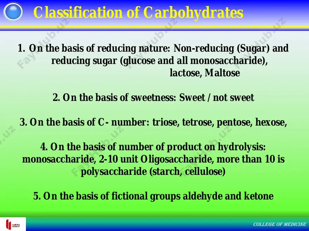 of medicine the family of d-aldoses college of medicine the family of d-ketoses college of medicine the family of d-ketoses ❑ plays prominent roles in biochemistry ❑ source of energy ❑most abundant substance on biochemistry ❑omnipotent fuel in biology importance of (+)-d- glucose college of medicine college of medicine storage of (+) d-glucose in biopolymer d-glucose starch cellulose in plant seeds as food frame work of structure of plants glycogen animal starch transported via blood stream stored in liver d-glucose is interconvertible in starch, glycogen, cellulose linear structure of (+)-d- glucose ❑ + sign indicates it will rotate ppl clockwise ❑ d is naming, presence of –oh in right side (5th c from the top) ❑ the fisher projection d is just mirror image of l ❑ 3 –oh group is in right side in d and it will be opposite on l college of medicine ❑ c6h12o6 (using mole …