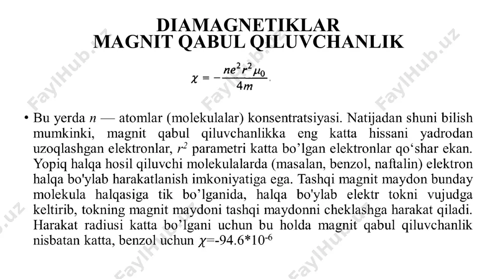 sm paramagnit qabul qiluvchanlik quyidagicha aniqlanadi. paramagnit qabul qiluvchanlikning absolyut temperaturaga bunday bog'liqligi kyuri tomonidan empirik tarzda, tajriba natijalariga tayanib 1895-yilda topilgan, va kyuri qonuni deb ataladi. (2) ifodadagi ck - kyuri doimiyi deb ataladi. paramagnetiklar ferromagnit xossalar eng kuchli magnit xossa bo'lib, faqat kristallarda, qattiq jismlarda uchraydi. jumladan doimiy magnitlar ham ferromagnetiklardan iborat. ferromagnetiklar atomlari magnit momentga ega bo'lgan temir, nikel, kobalt kabi metallar va ularning qotishmalaridan iborat. almashinuv ta’sirlashuvi tufayli qo'shni ionlarning magnit momentlarining bir xil yo'nalishi ta’sirlashuv energiyasining kichik bo'lishiga, magnit momentlarning tabiiy tartiblashishiga sabab bo'ladi. ferromagnetik kristall hajmining tabiiy magnitlangan sohasi domen deb ataladi. kristall tabiiy ravishda domenlarga bo’linib, ularning magnit momentlari turlicha yo'naladi va buning hisobiga magnit maydon energiyasi kichikroq bo’ladi. domenlarning chegaralarida qo'shni atomlarning magnit momentlari turlicha yo'nalgan bo’lib, bu ta’sirlashuv energiyasini orttiradi. domenlarning mavjudligi maxsus tajribalarda tasdiqlangan, ikkinchidan gisterezis halqasi bilan asoslanadi. 2-rasm. gisterezis chizig’i ferromagnetiklar tajribada gisterezis chizig'ini ko'plab ayrim nuqtalar bo'yicha …