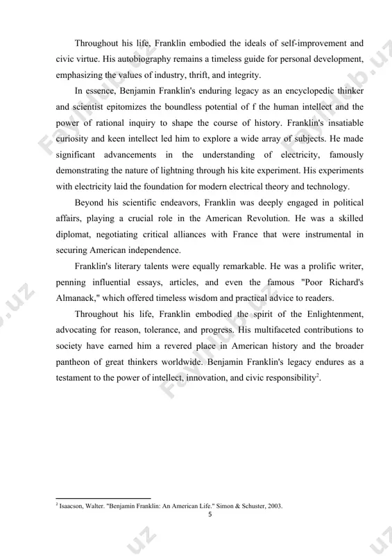 to study. he later developed a systematic approach to self-improvement, creating a list of virtues he aimed to cultivate and tracking his progress. franklin was deeply influenced by the works of enlightenment thinkers such as john locke and isaac newton, as well as classical authors like plutarch and seneca. he also admired the writings of english essayists such as joseph addison and richard steele. in addition to his work as a printer, franklin embarked on various entrepreneurial ventures during his youth, including starting his own printing business and publishing the "pennsylvania gazette" newspaper, which became one of the most successful publications in the colonies. in 1727, franklin helped found the junto, a club for mutual improvement and intellectual discussion. the junto provided franklin with a forum to exchange ideas and engage in debates on a wide range of topics, laying the groundwork for his future role as a statesman and …